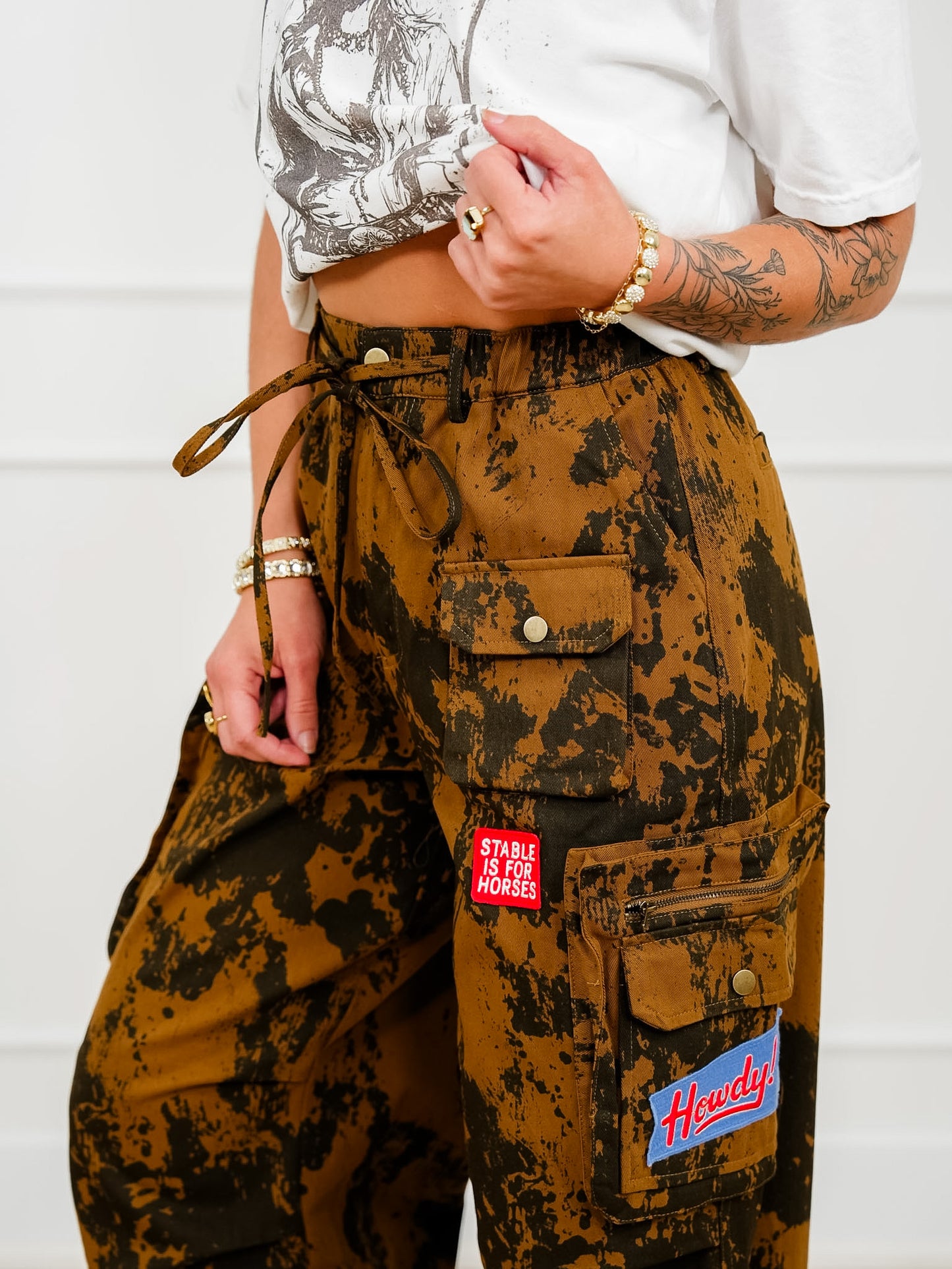 Plus/Reg Cow Print Elastic Waist Pants with Western Patches
