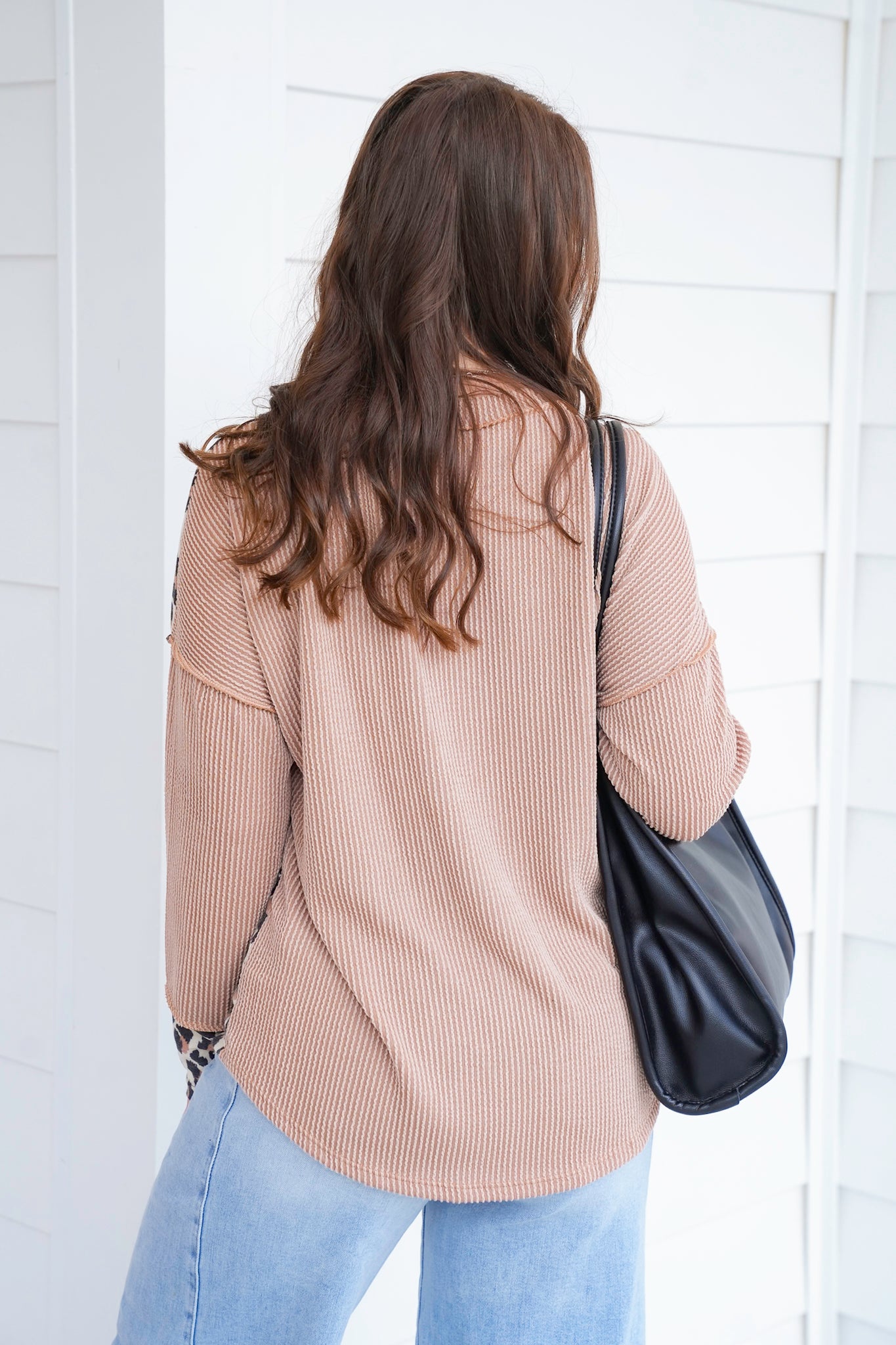 Plus/Reg Ribbed Long Sleeve Top with Animal Print Detail