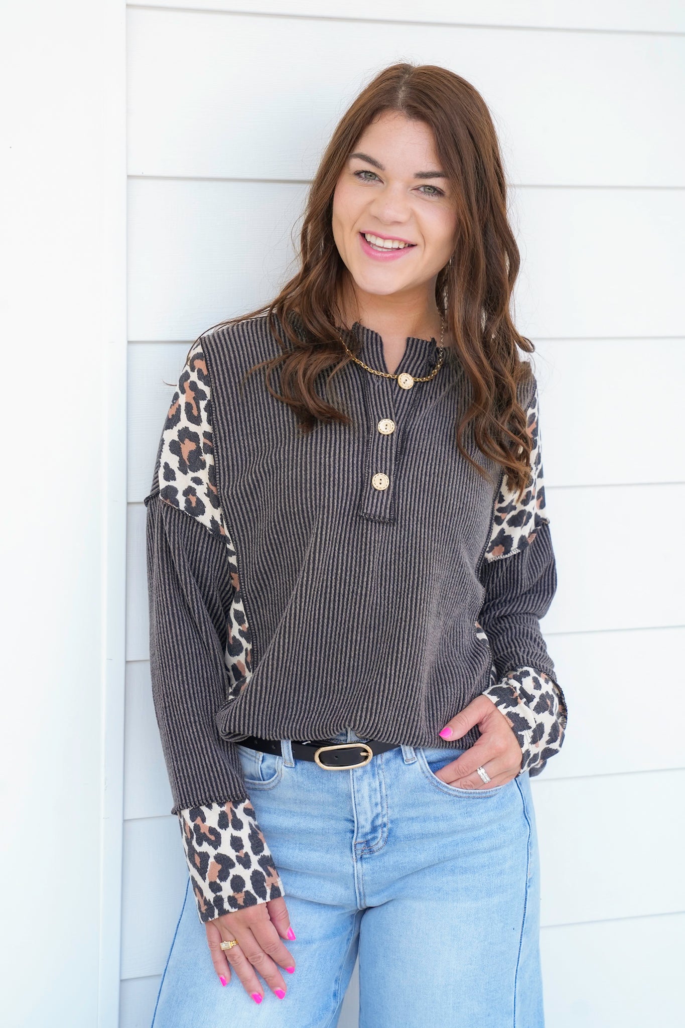 Plus/Reg Ribbed Long Sleeve Top with Animal Print Detail