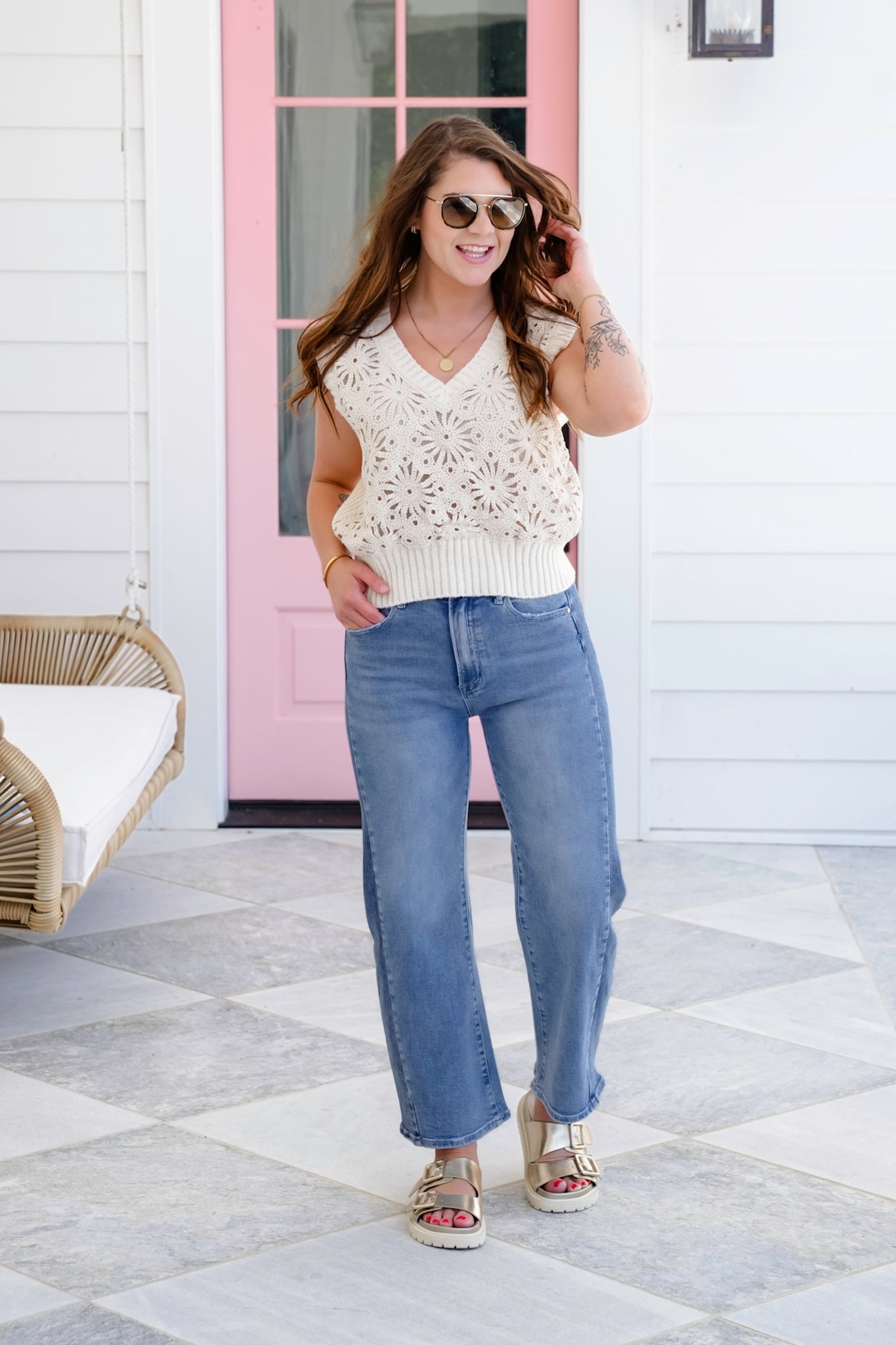 Crochet Sleeveless V-Neck Sweater Top