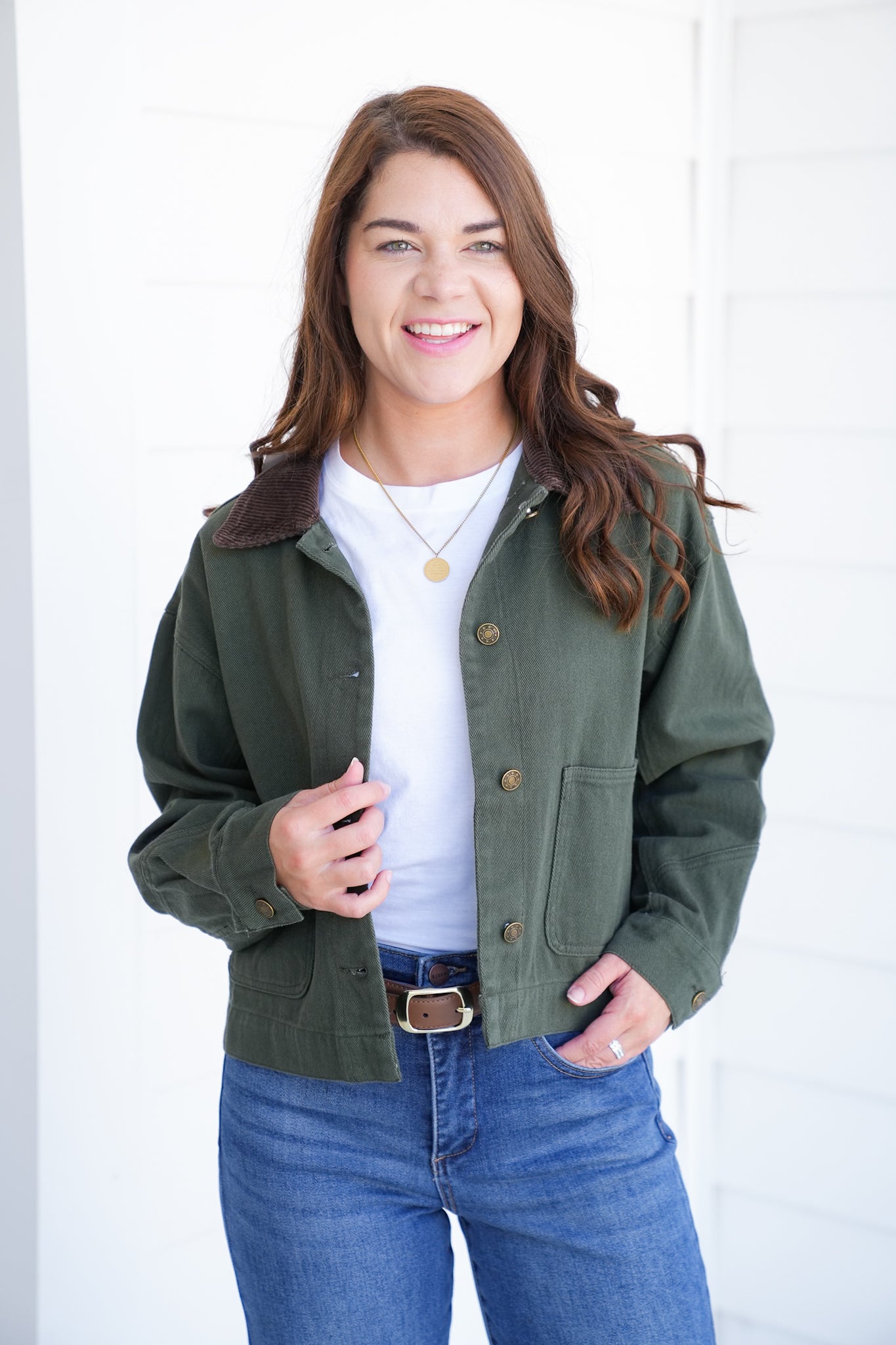 Long Sleeve Cropped Jacket with Corduroy Collar
