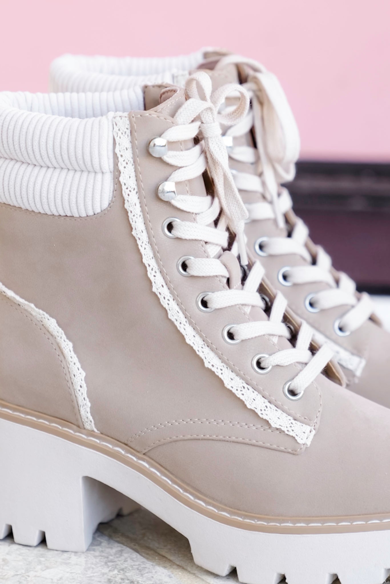 MIA Ribbed Collar Lace Up Block Heel Boot