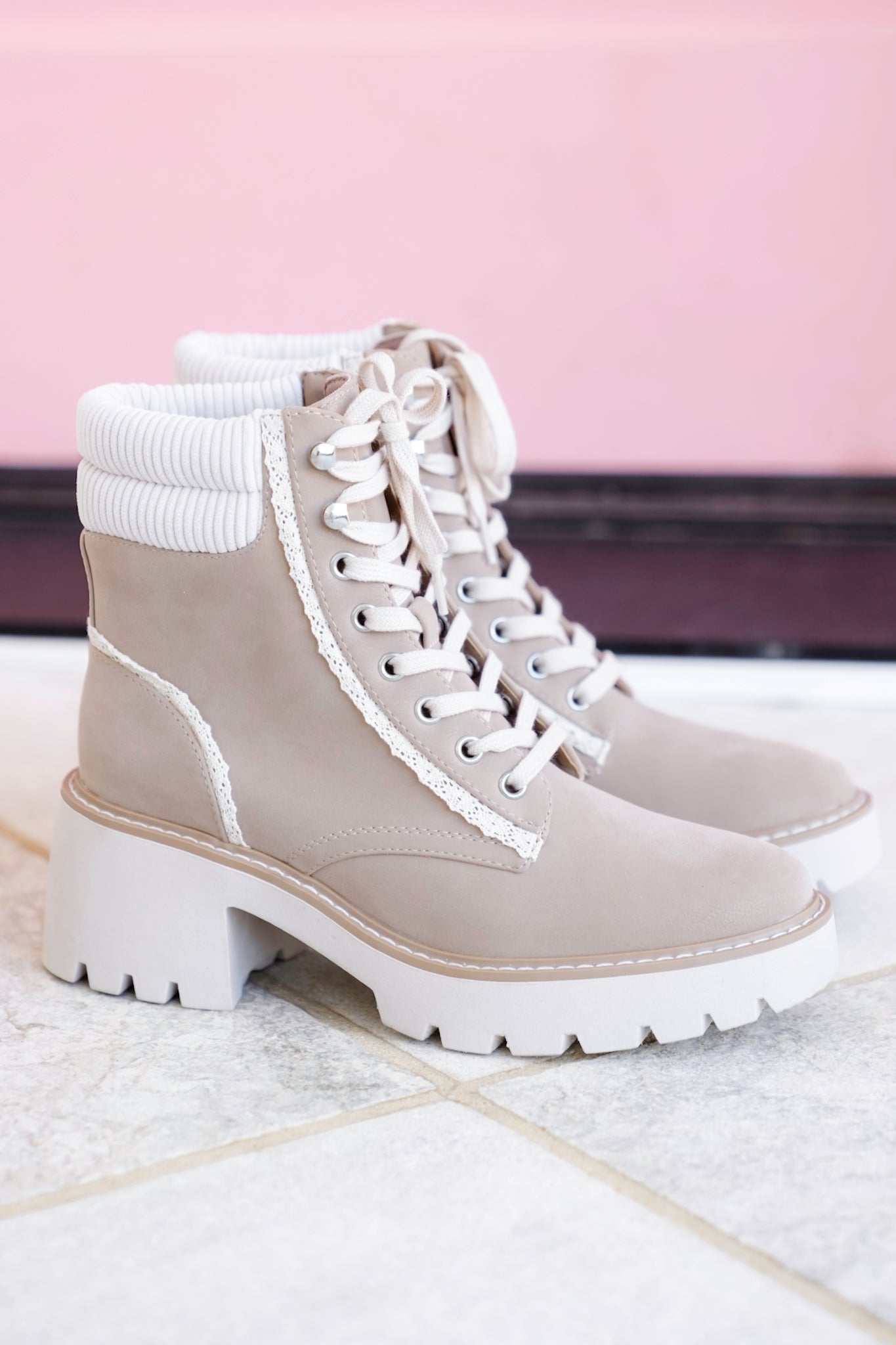 MIA Ribbed Collar Lace Up Block Heel Boot