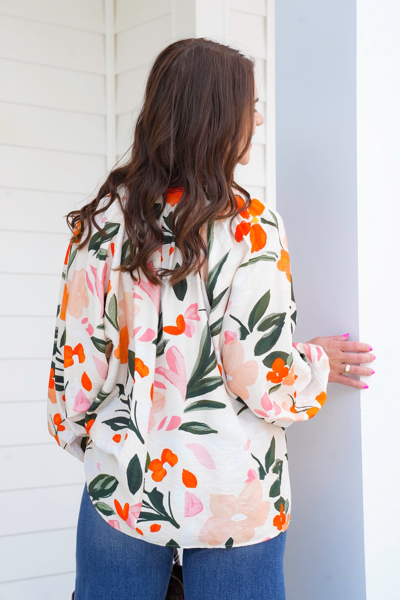 Floral Print Long Balloon Sleeve Top