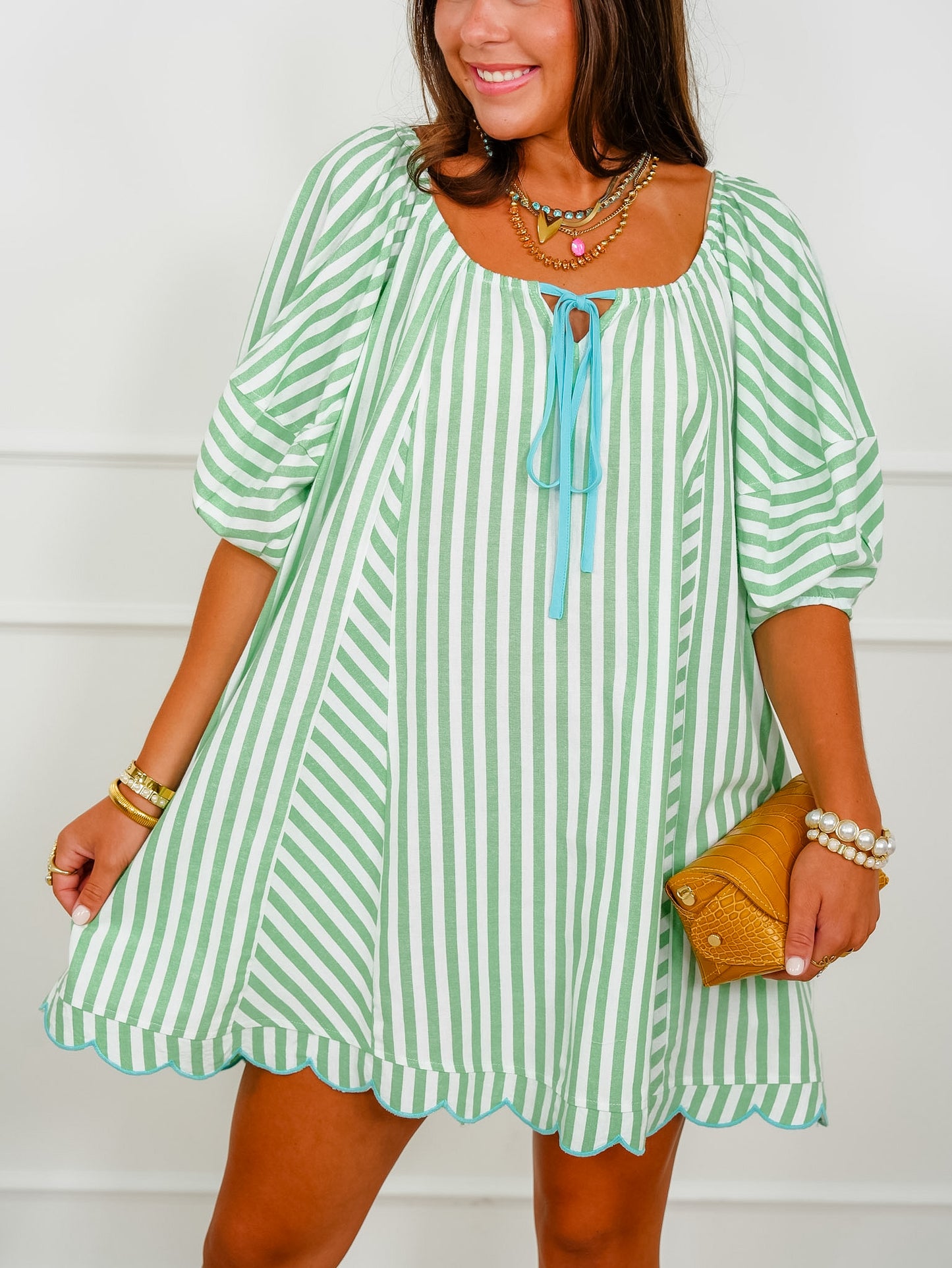 3/4 Sleeve Stripe Mini Dress With Scallop Hem