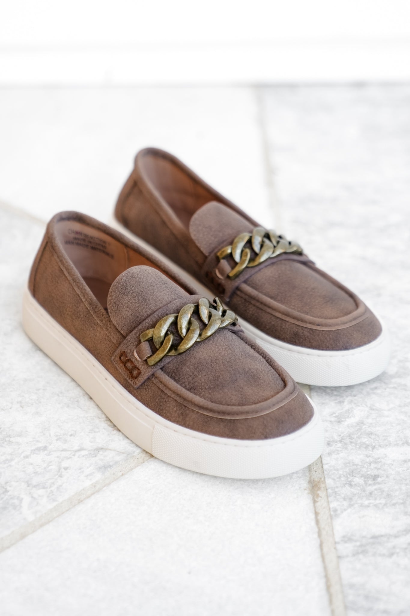 Corky's "Chain Reaction" Pebbled Texture Slip On Loafers with Chunky Gold Chain