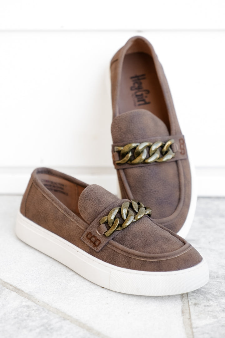 Corky's "Chain Reaction" Pebbled Texture Slip On Loafers with Chunky Gold Chain
