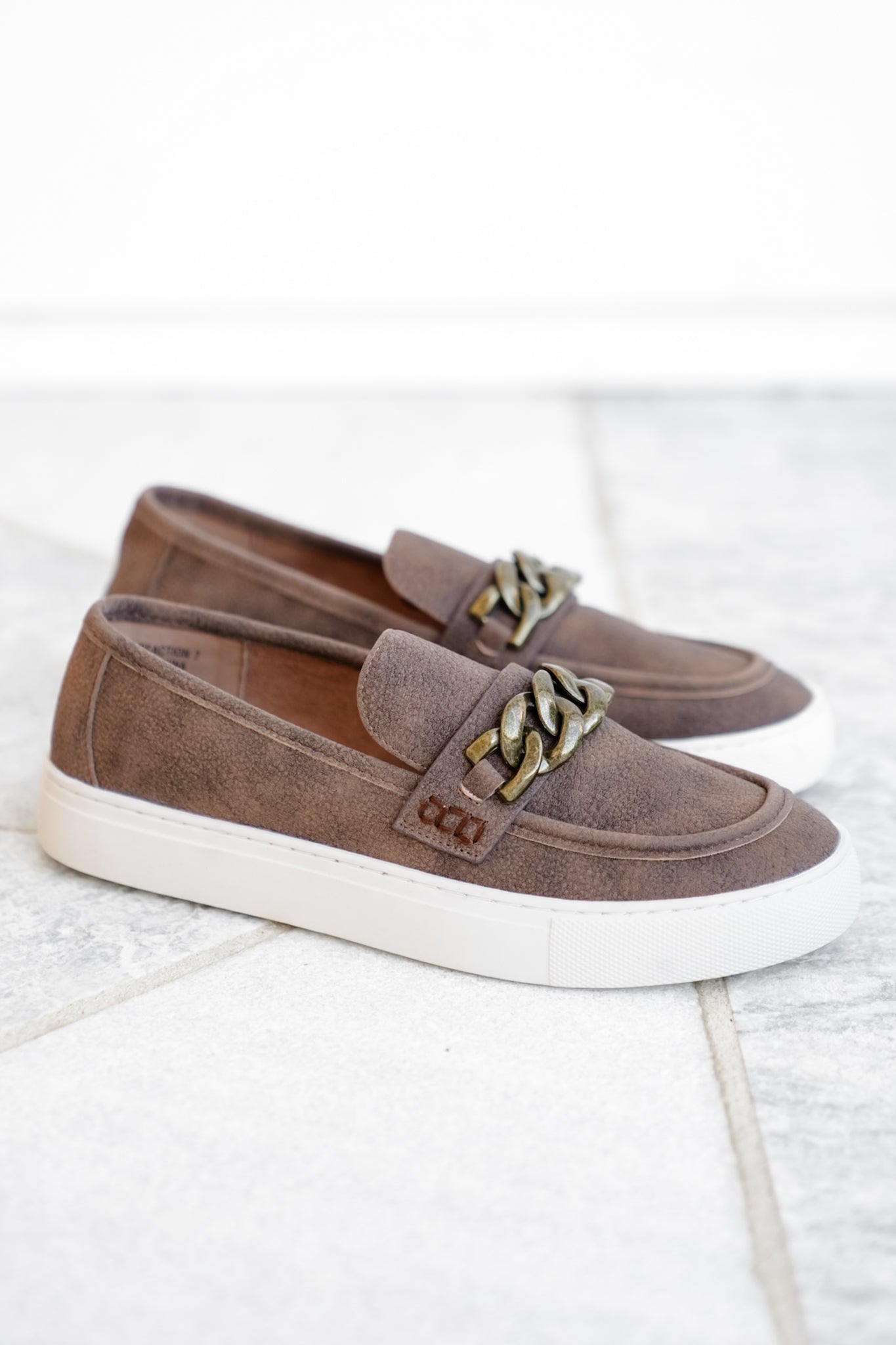 Corky's "Chain Reaction" Pebbled Texture Slip On Loafers with Chunky Gold Chain
