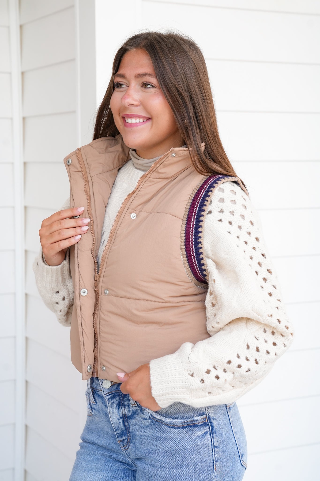 Padded Zip-Up Vest with Trim Detail