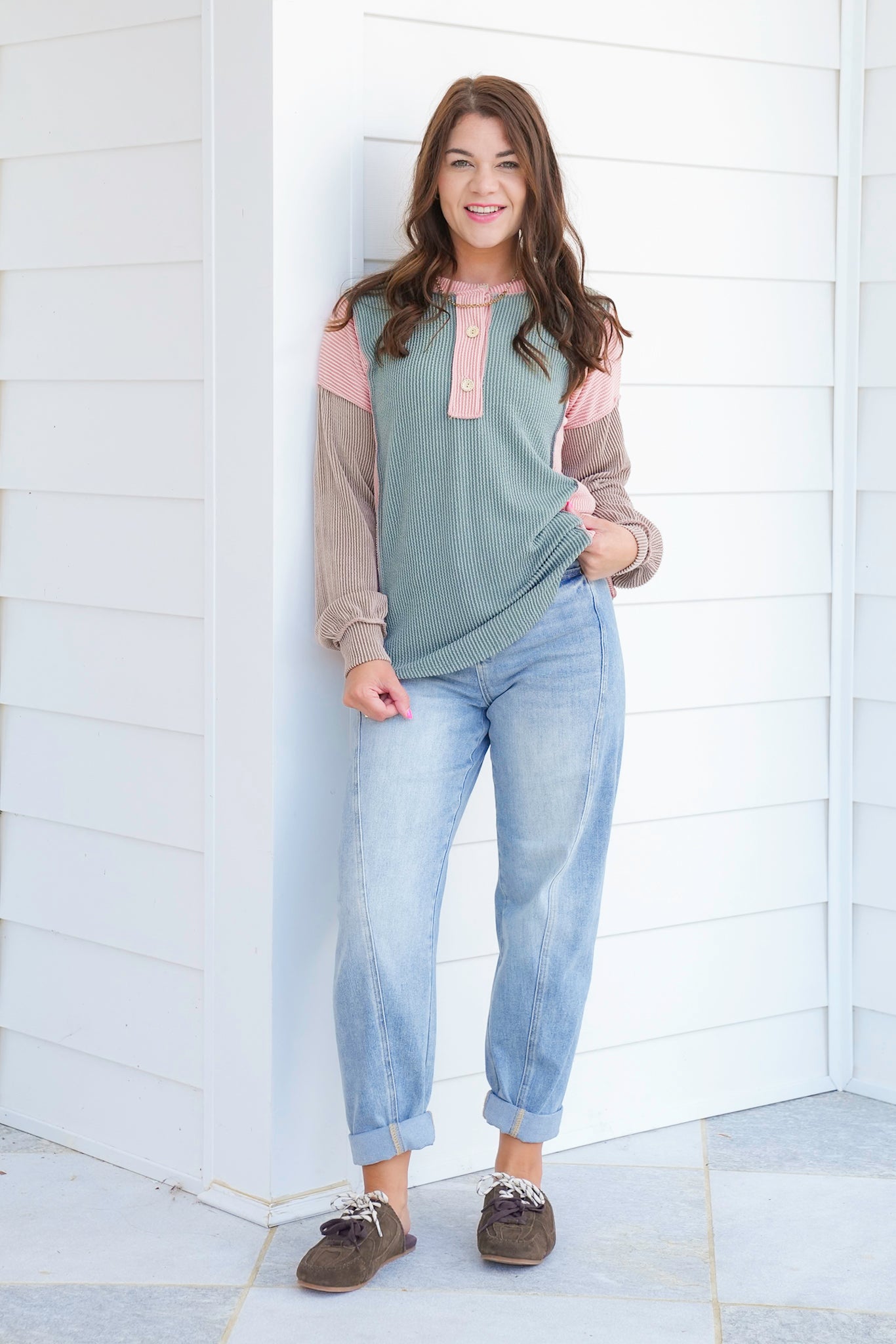Plus/Reg Urban Ribbed Color Block Button Up Top
