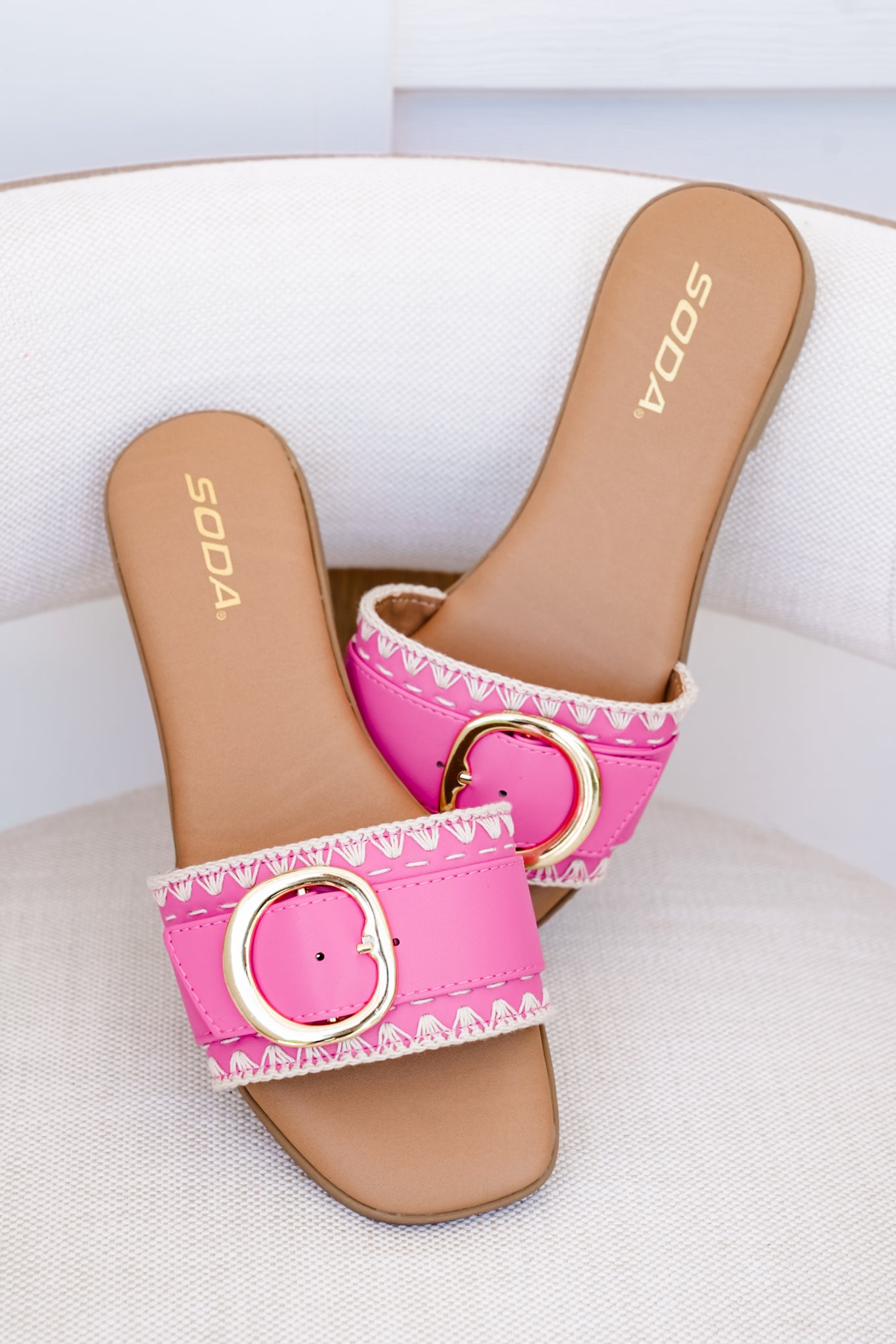 Flat Slide Sandals with Buckle Accent