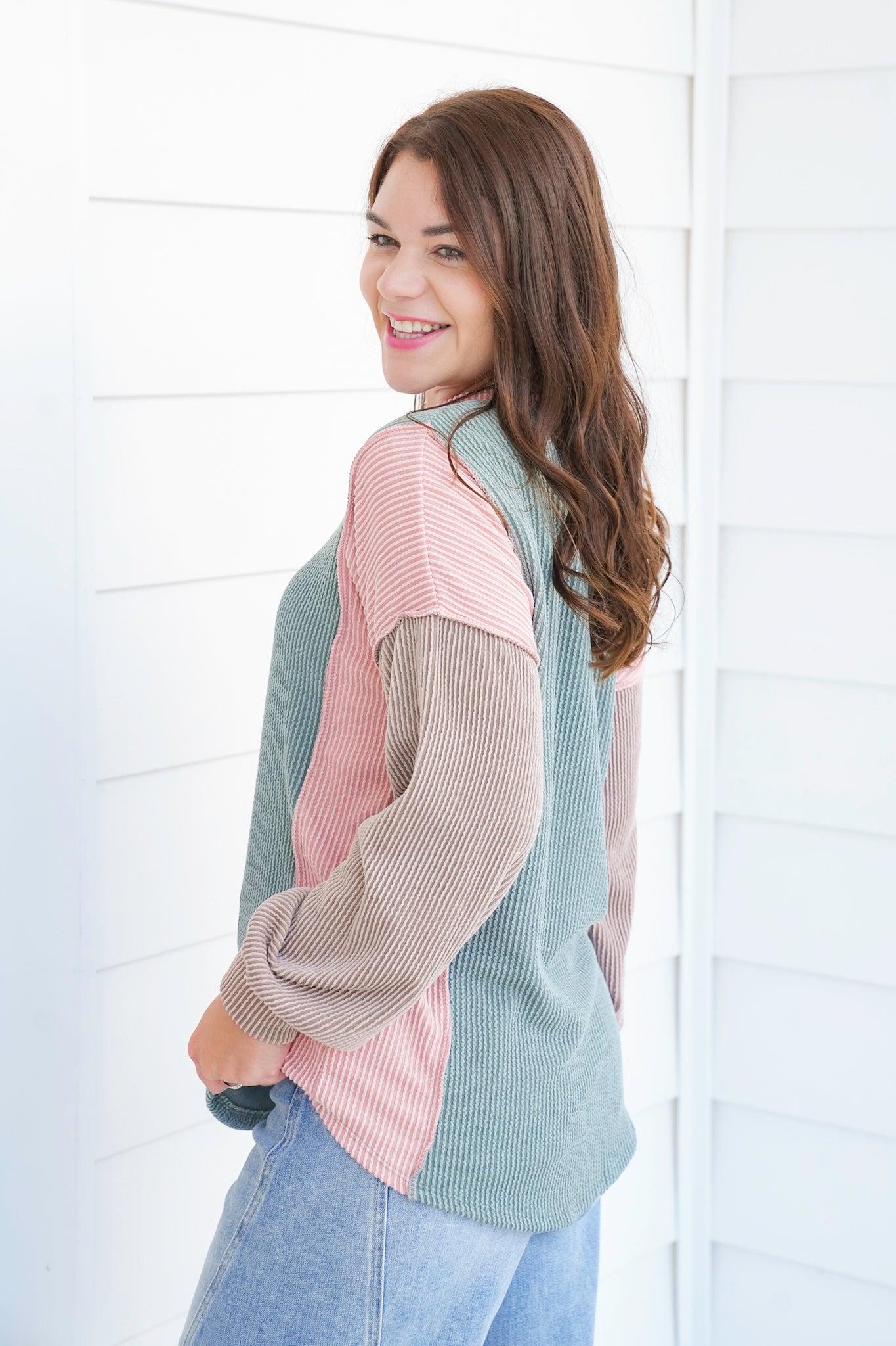 Plus/Reg Urban Ribbed Color Block Button Up Top