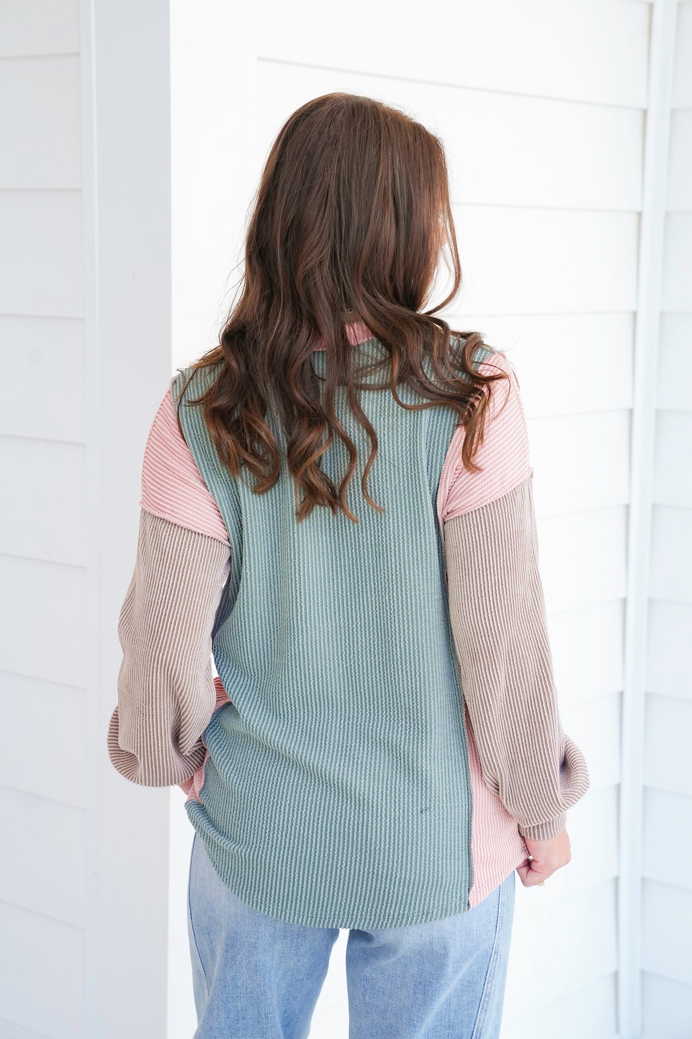 Plus/Reg Urban Ribbed Color Block Button Up Top