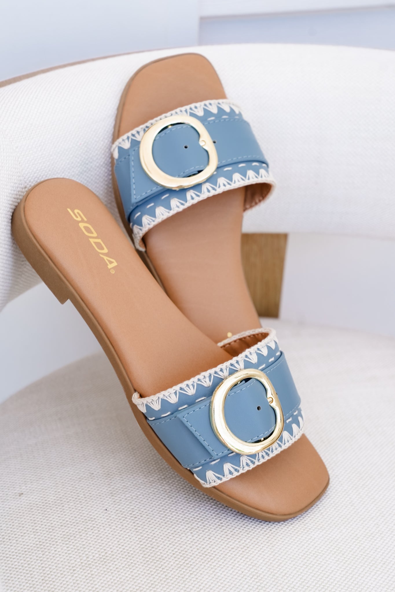 Flat Slide Sandals with Buckle Accent