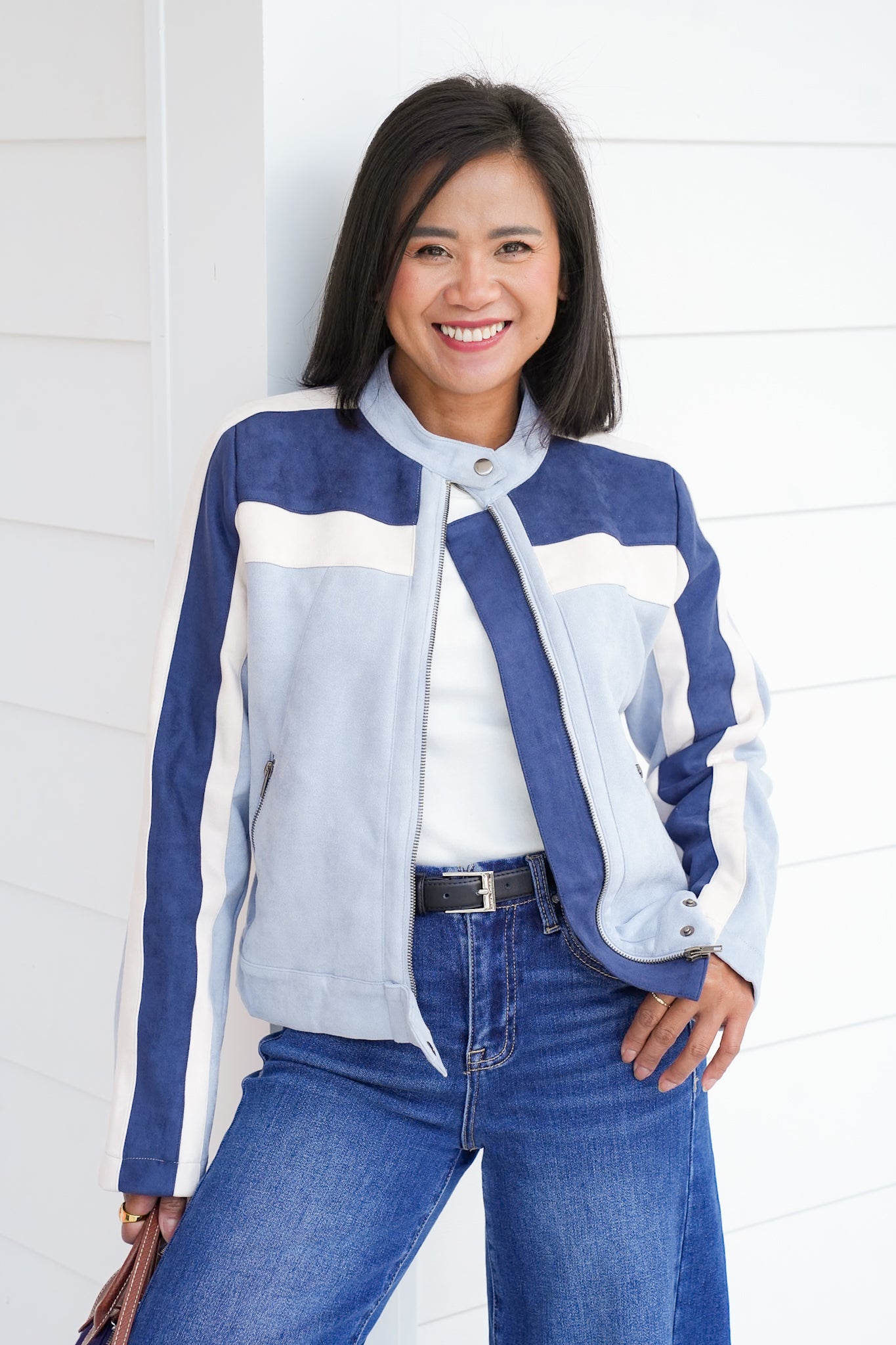 Color Block Long Sleeve Zip Up Moto Jacket