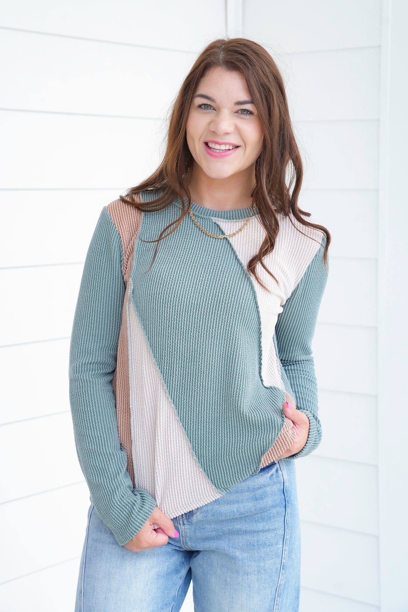 Plus/Reg Color Block Ribbed Long Sleeve Top