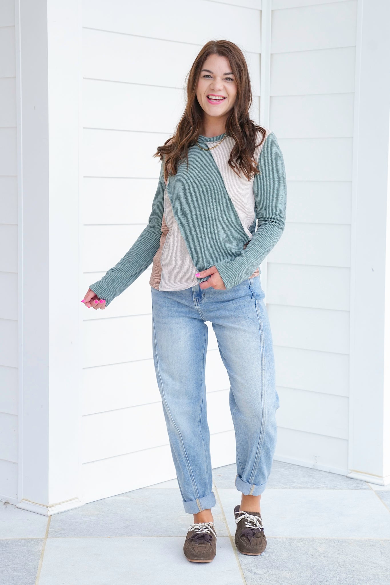 Plus/Reg Color Block Ribbed Long Sleeve Top