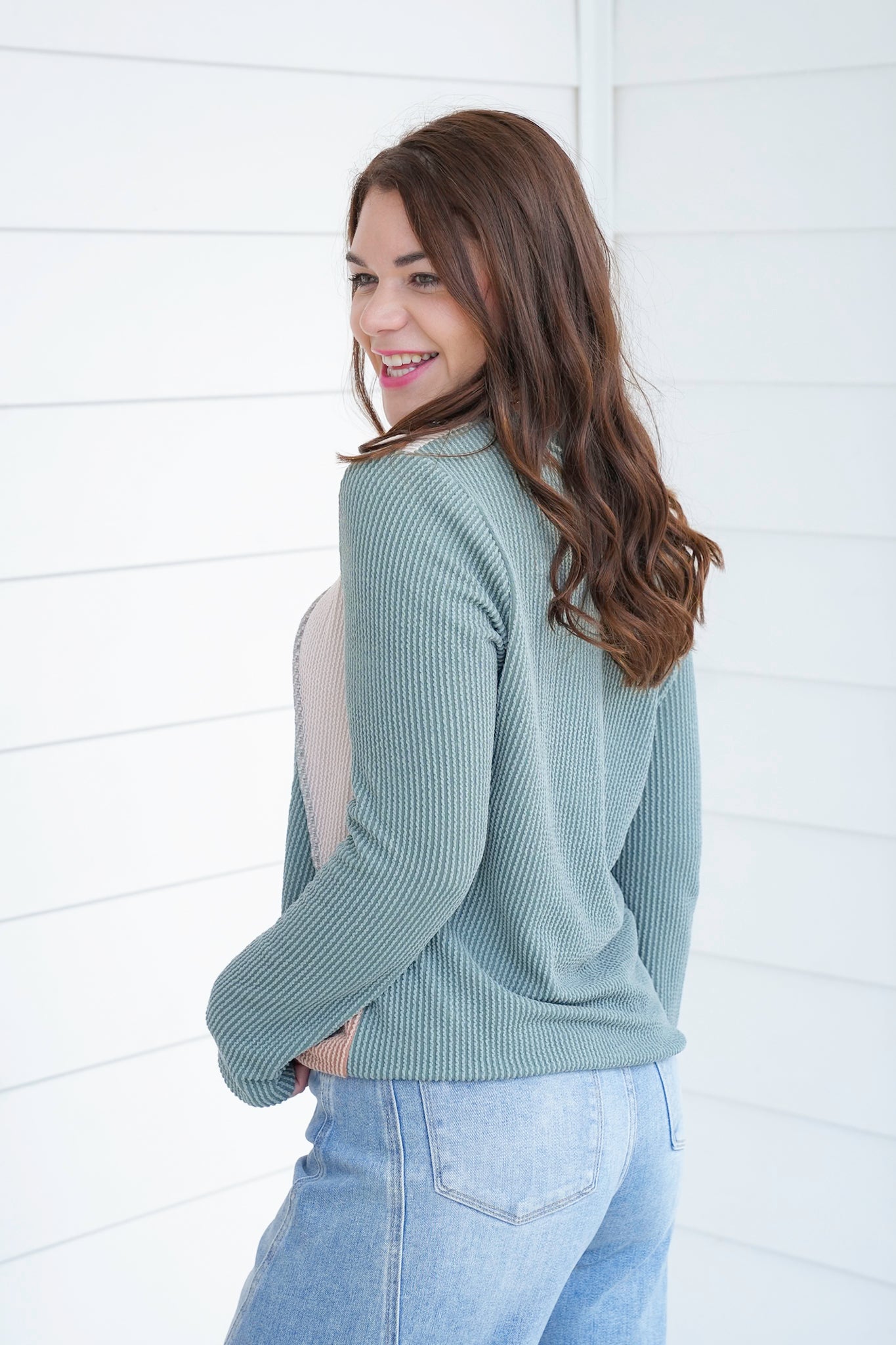 Plus/Reg Color Block Ribbed Long Sleeve Top