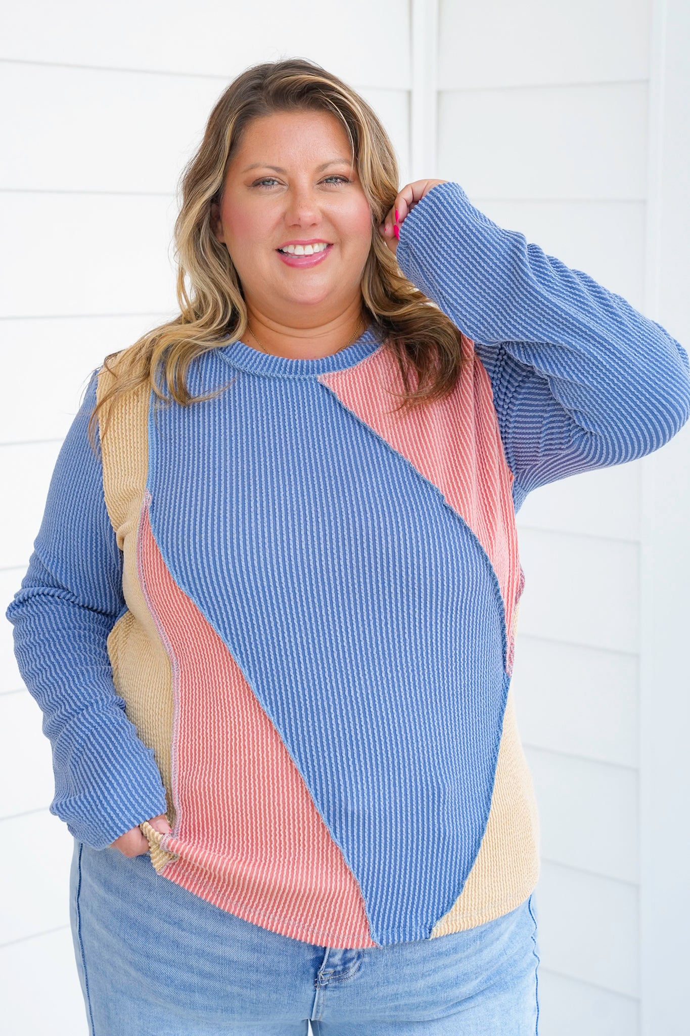 Plus/Reg Color Block Ribbed Long Sleeve Top