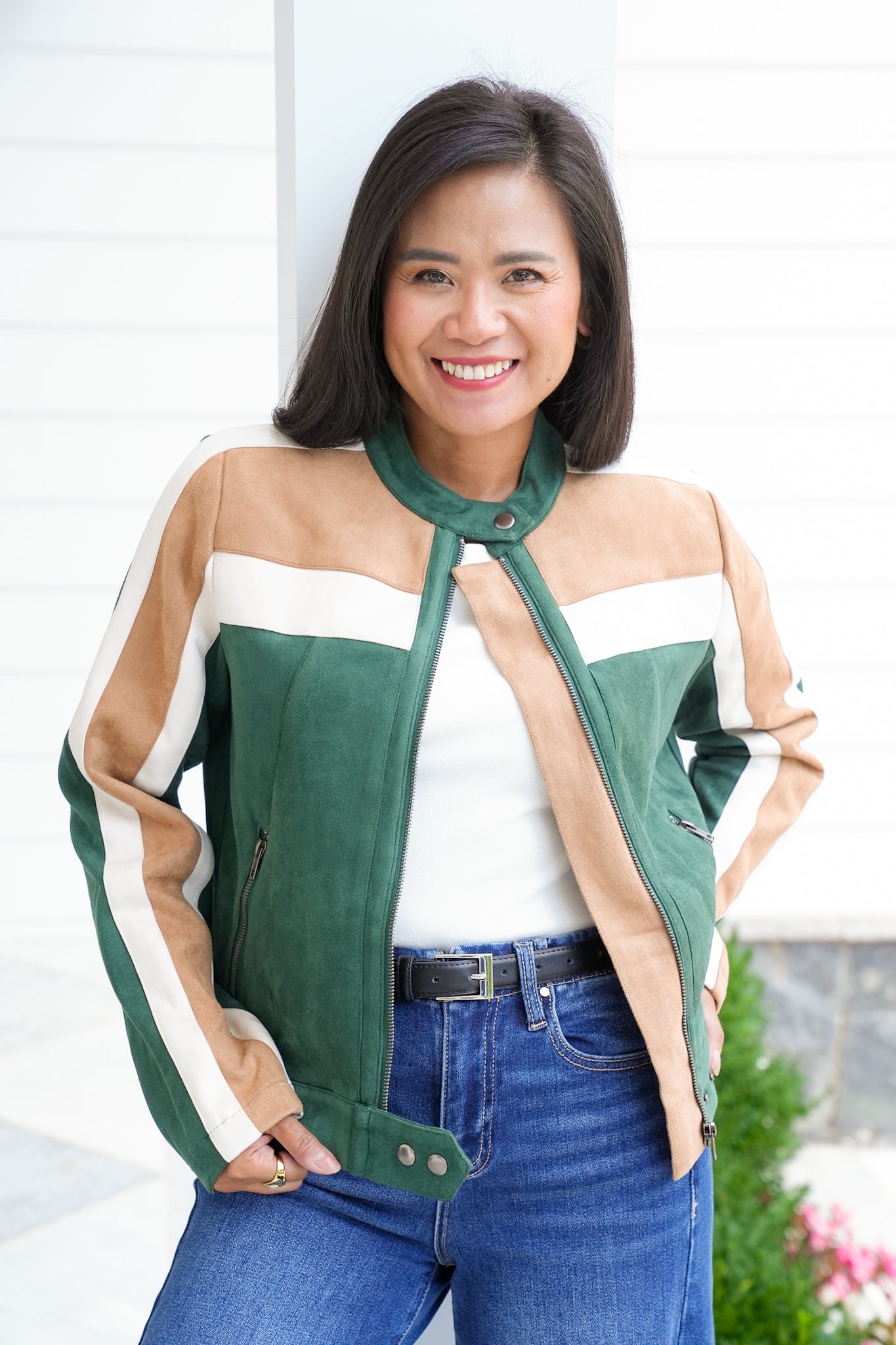 Color Block Long Sleeve Zip Up Moto Jacket