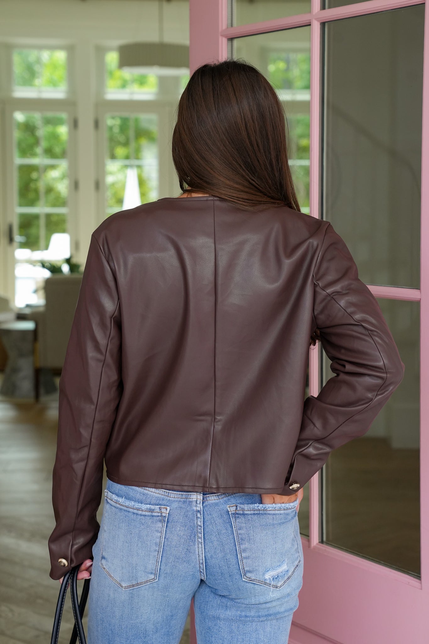 Vegan Leather Long Sleeve Button Up Jacket