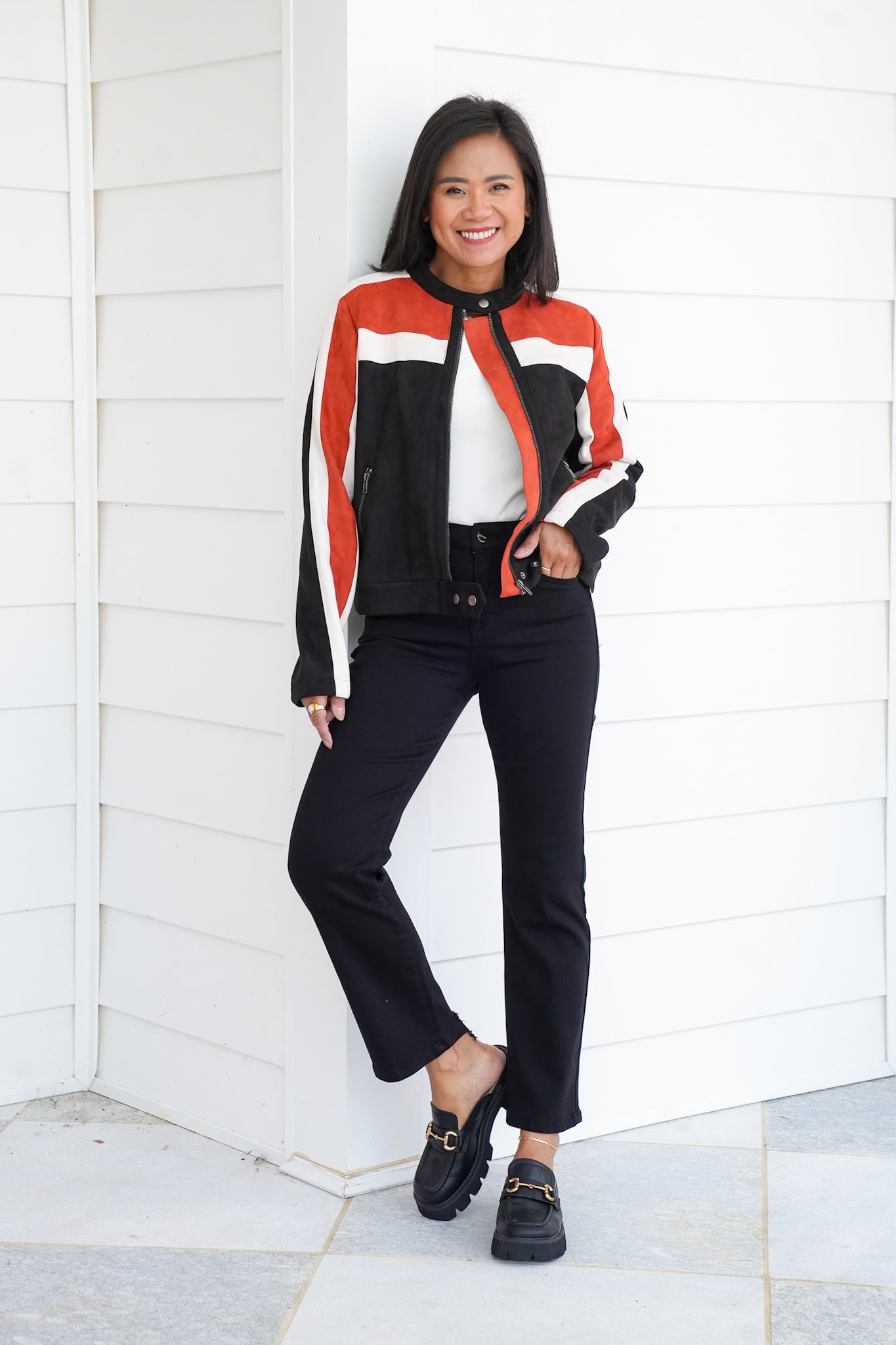 Color Block Long Sleeve Zip Up Moto Jacket