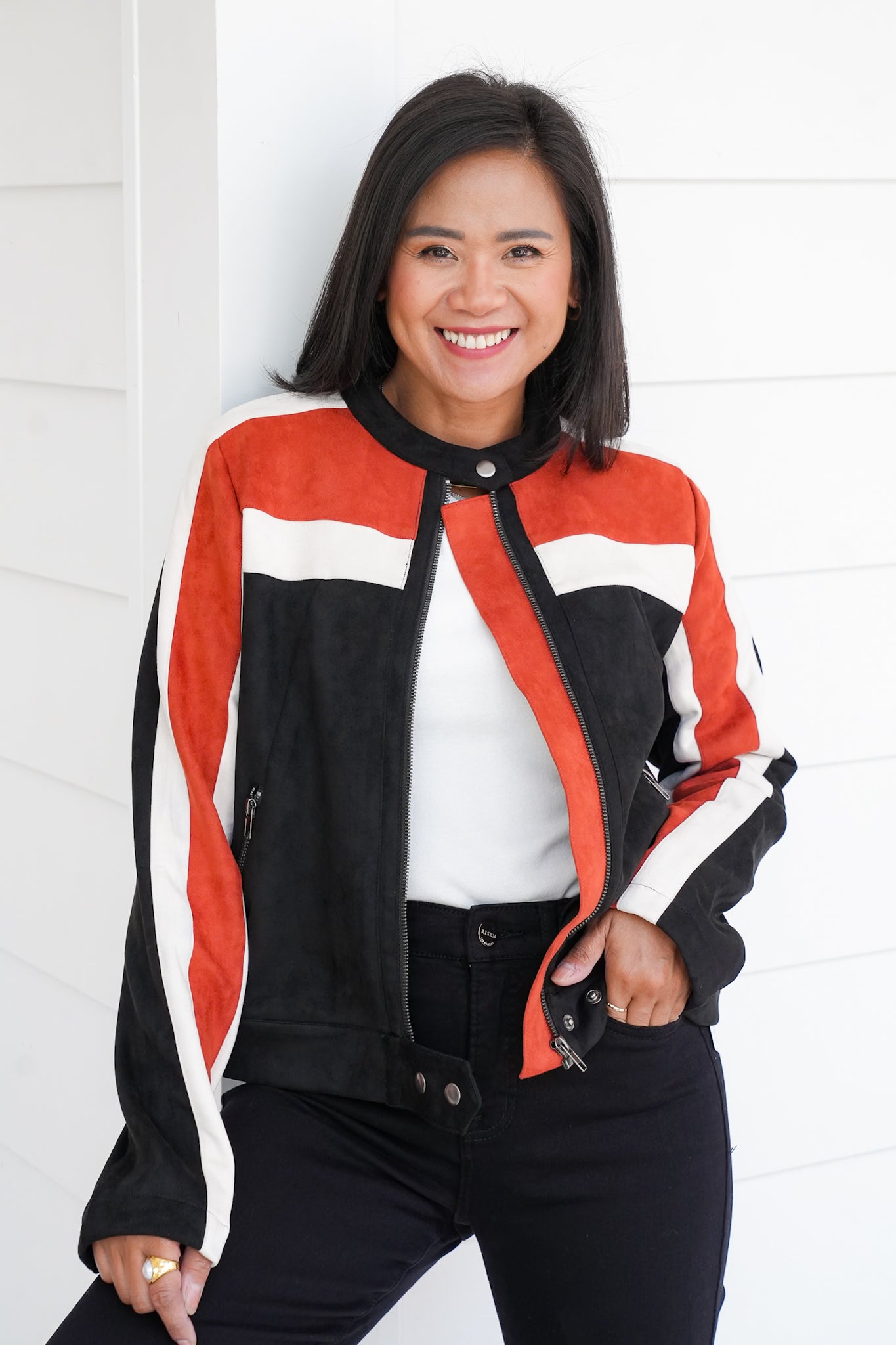 Color Block Long Sleeve Zip Up Moto Jacket