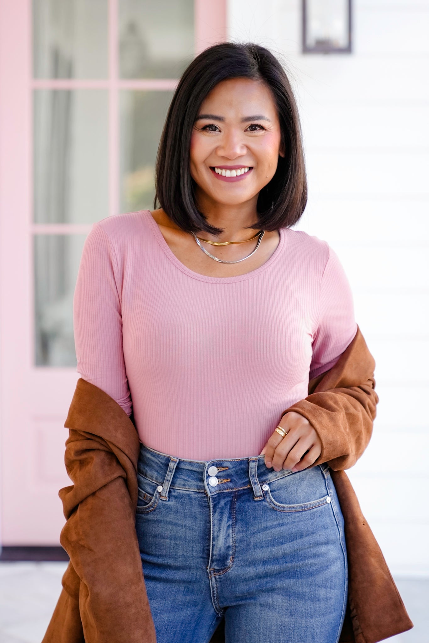 Plus/Reg Ribbed Long Sleeve Scoop Neck Top