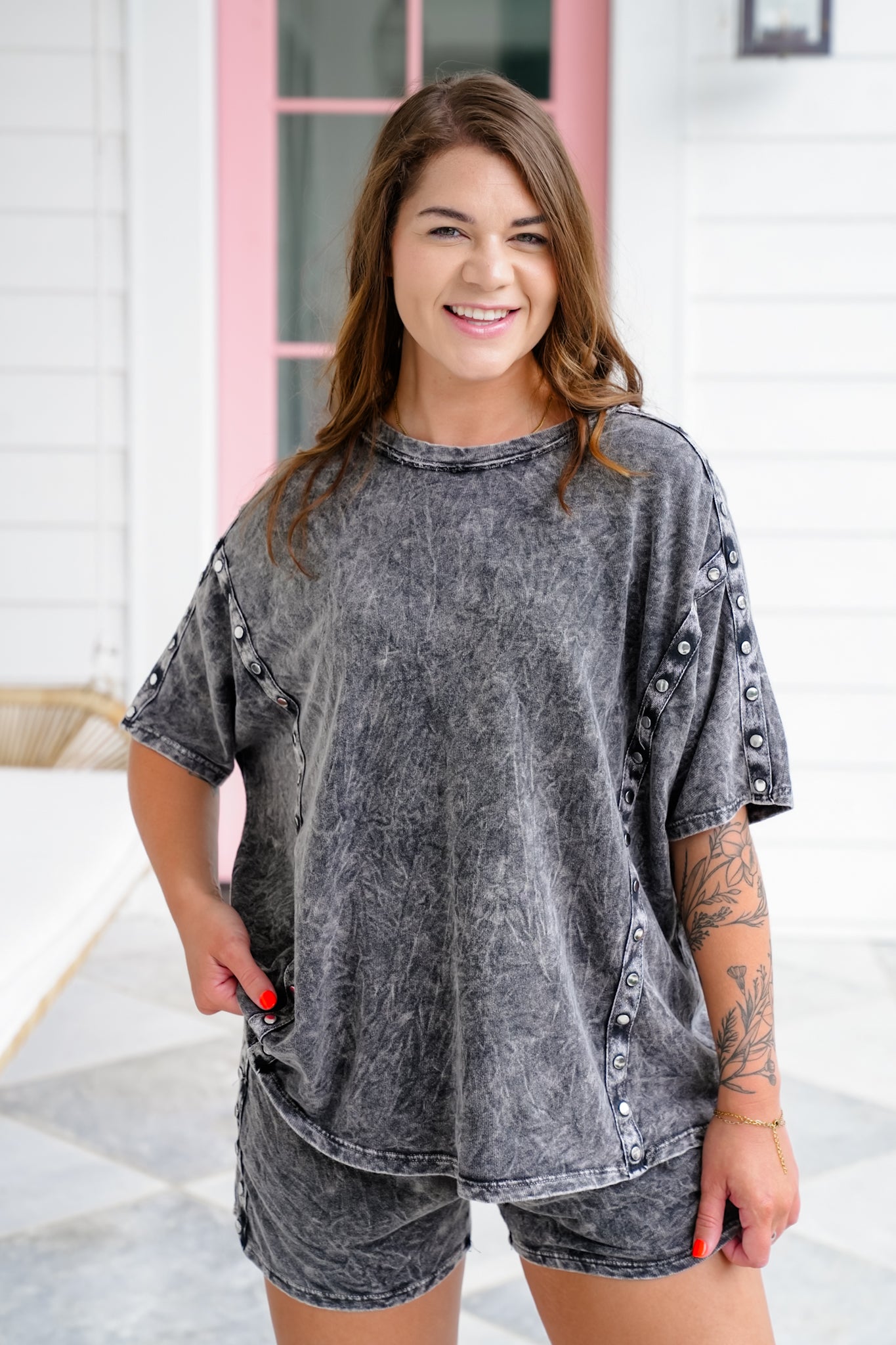Mineral Wash Short Sleeve Top with Stud Detail