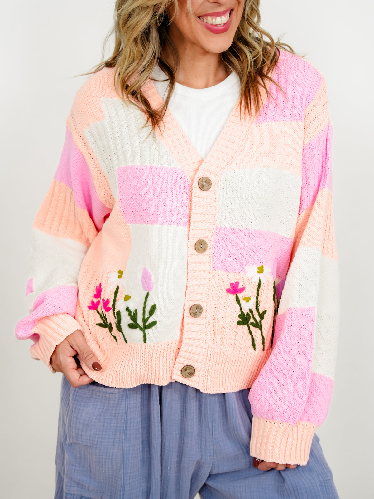 POL Color Block Long Sleeve Button Down Cardigan with Embroidered Flowers