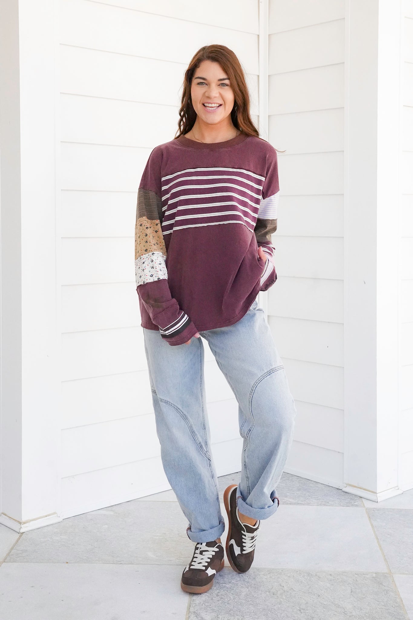 Long Sleeve Reverse Seam Pullover Top with Stripes