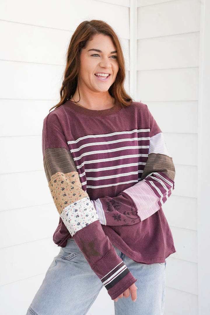 Long Sleeve Reverse Seam Pullover Top with Stripes