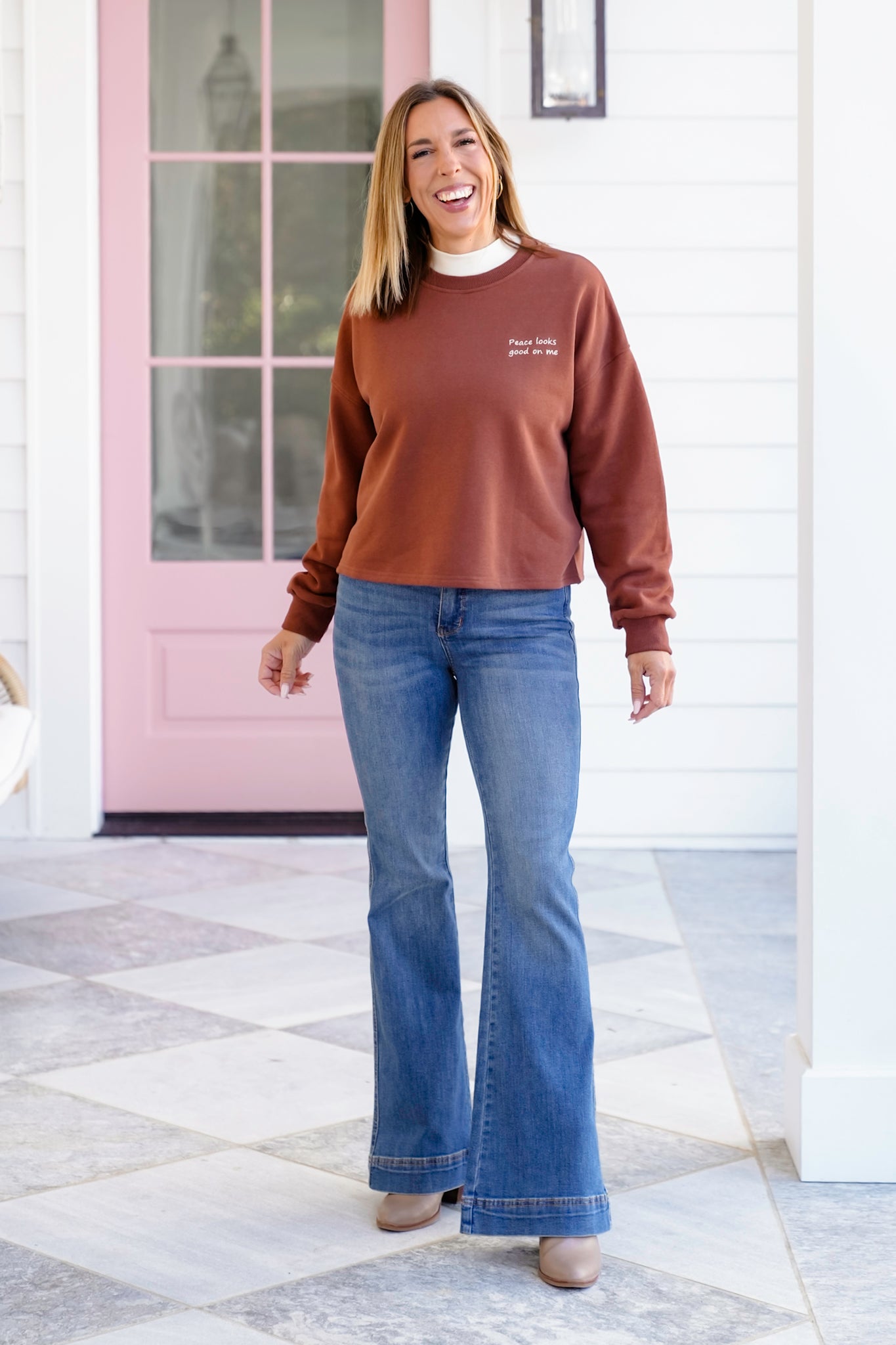 Long Sleeve "Peace Looks Good On Me" Sweatshirt with Elbow Patch