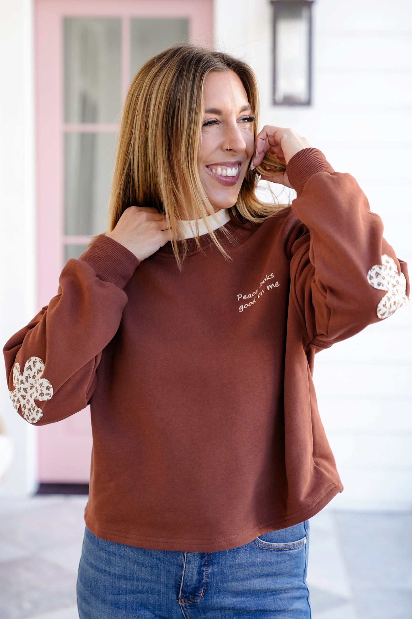 Long Sleeve "Peace Looks Good On Me" Sweatshirt with Elbow Patch
