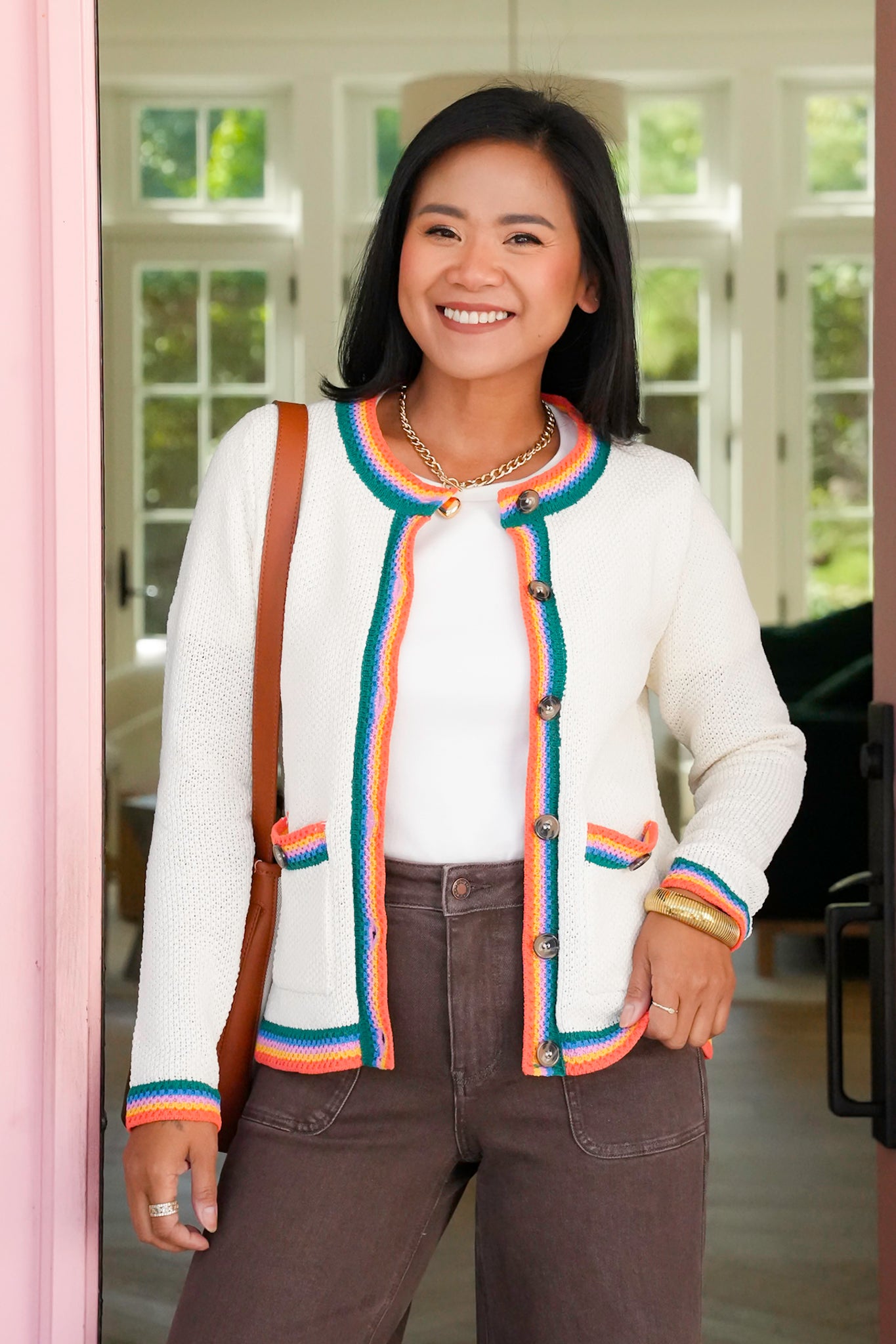 Knit Long Sleeve Button Down Cardigan with Rainbow Stripe