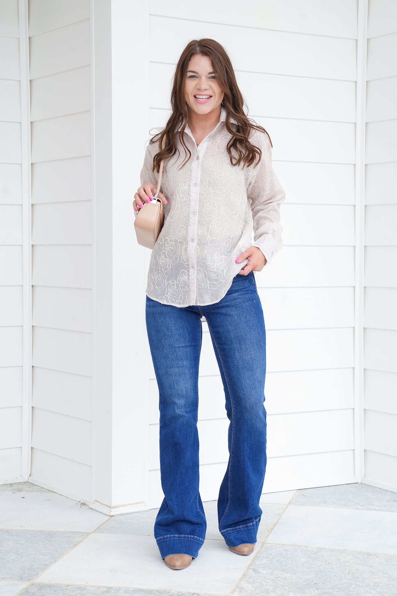 Plus/Reg Shimmering Sheer Floral Long Sleeve Button Up Top