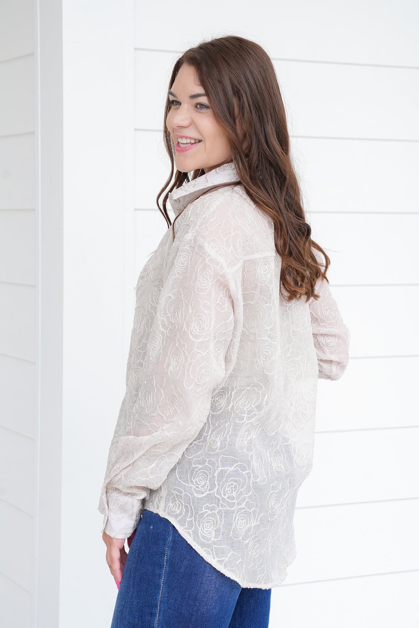Plus/Reg Shimmering Sheer Floral Long Sleeve Button Up Top