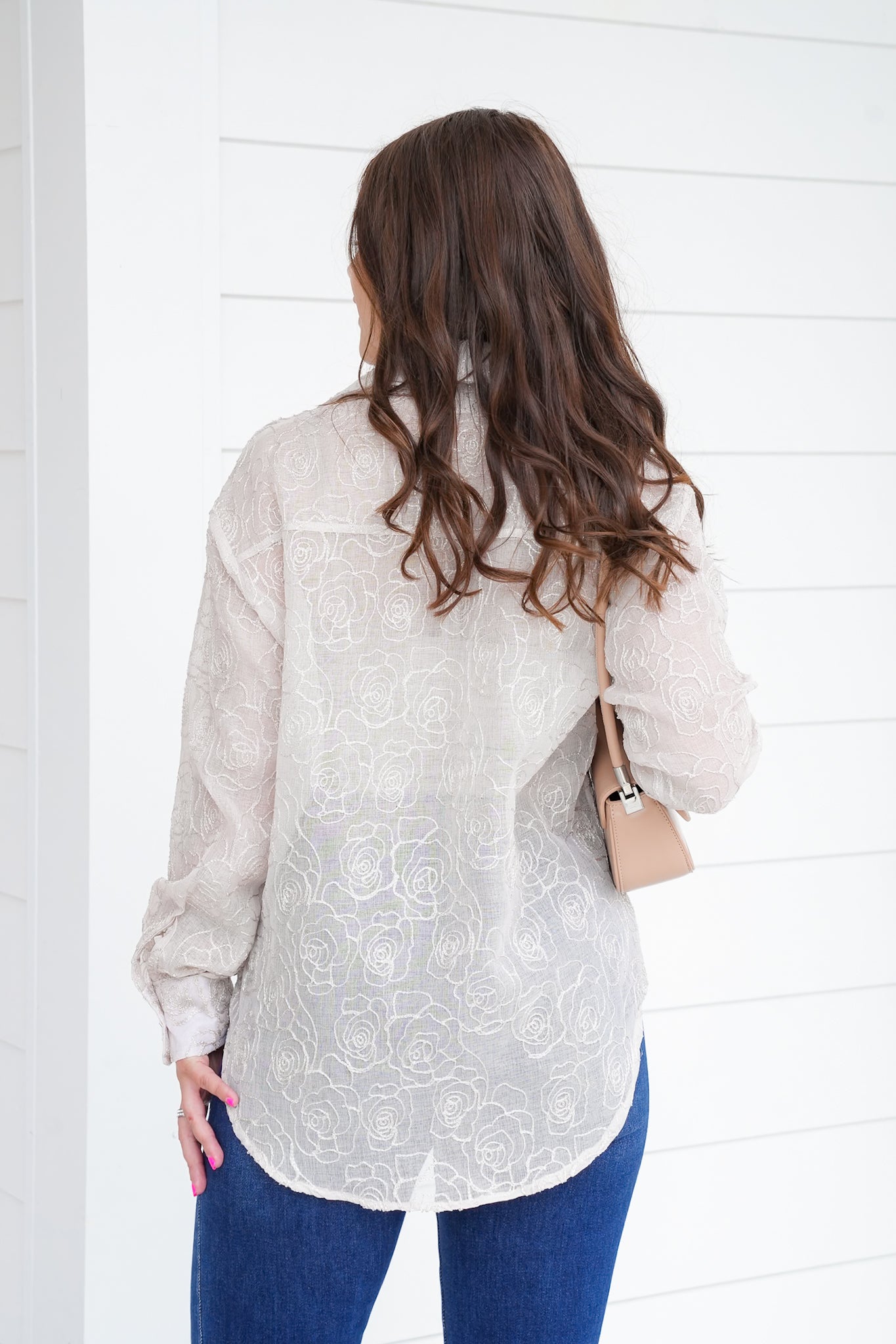 Plus/Reg Shimmering Sheer Floral Long Sleeve Button Up Top
