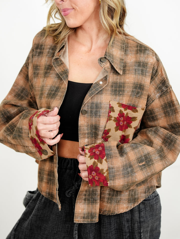 POL Plaid Long Sleeve Button Down Shacket with Floral Detail - Freckled Poppy