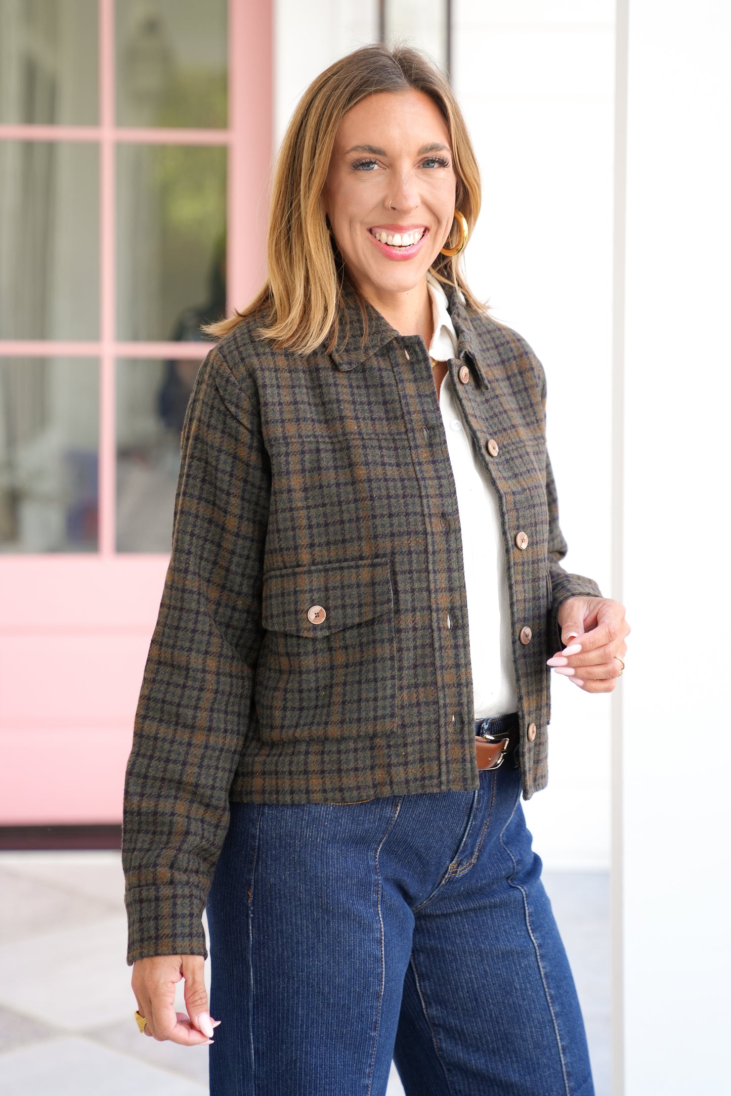 Plaid Long Sleeve Button Down Crop Jacket