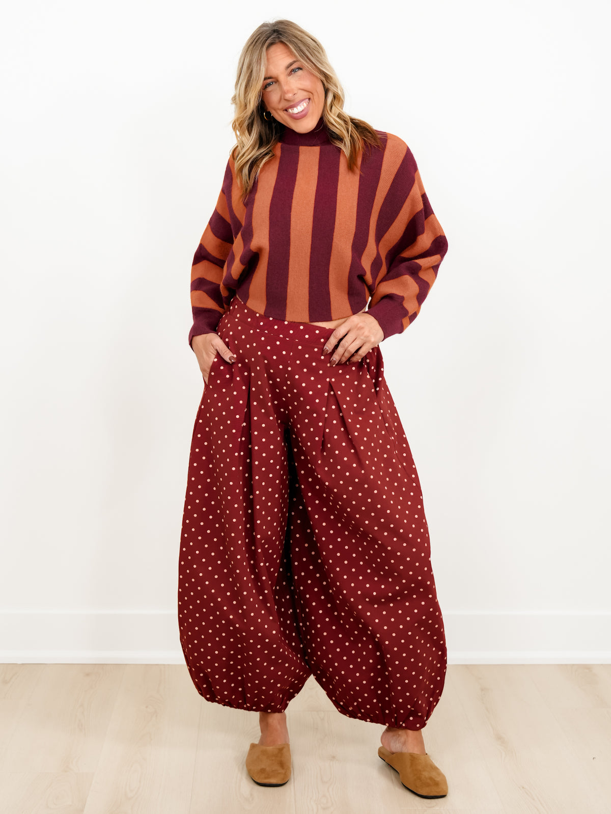 Plus/Reg Polka Dot High Waist Balloon Leg Pants