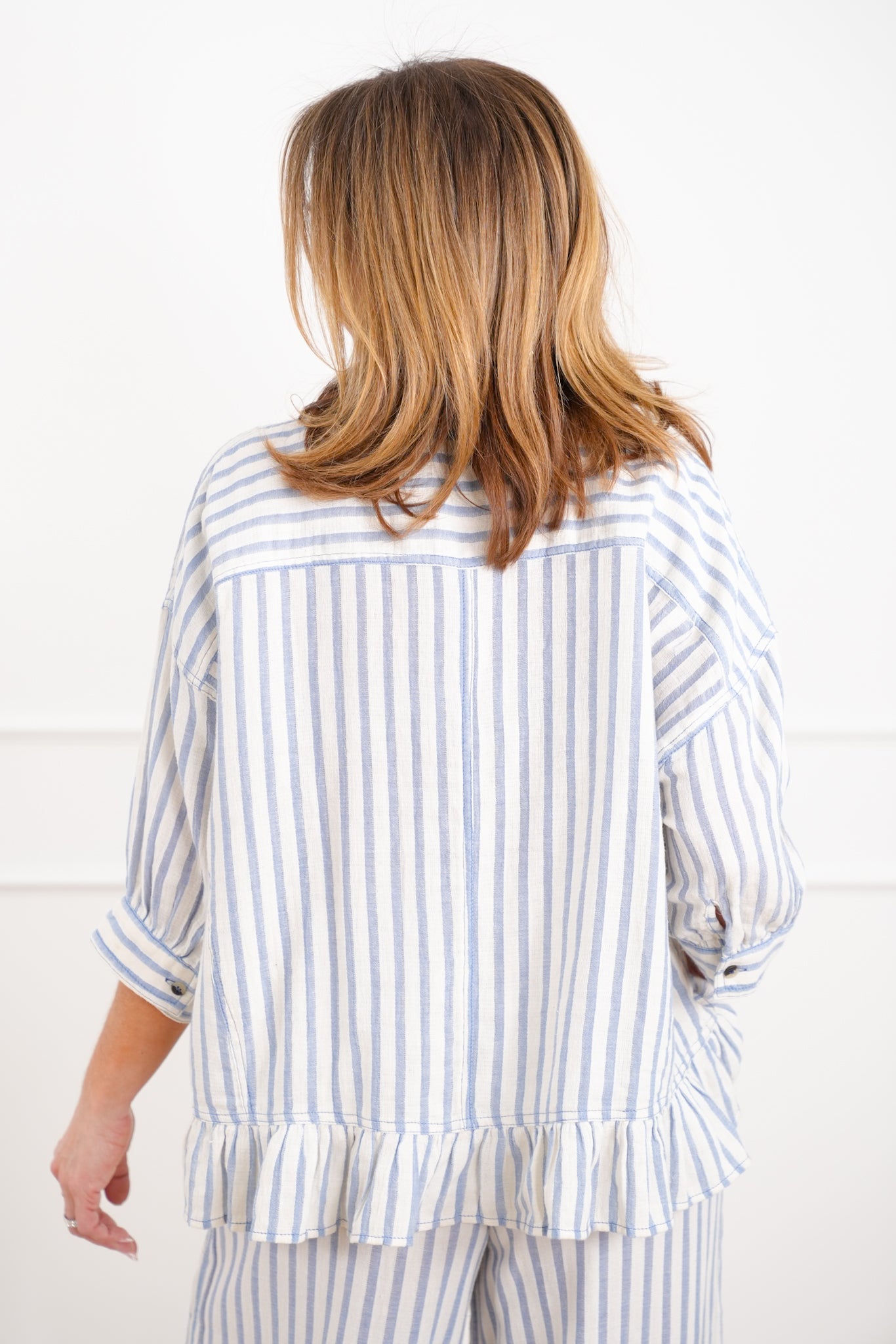 Stripe Linen Blend Button Down Top with Ruffle Hem