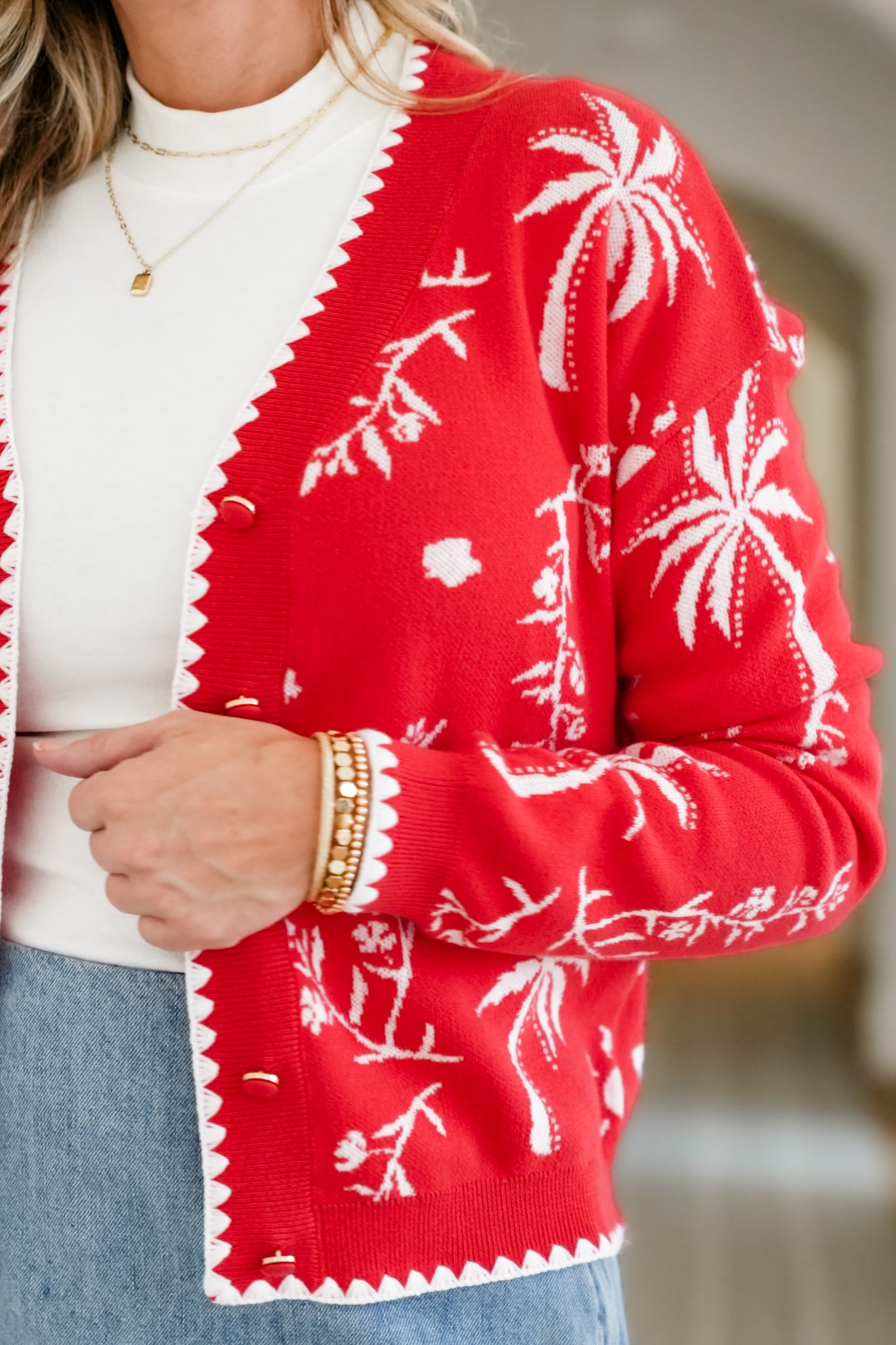 Plus/Reg Tropical Print Long Sleeve Button Down Cardigan