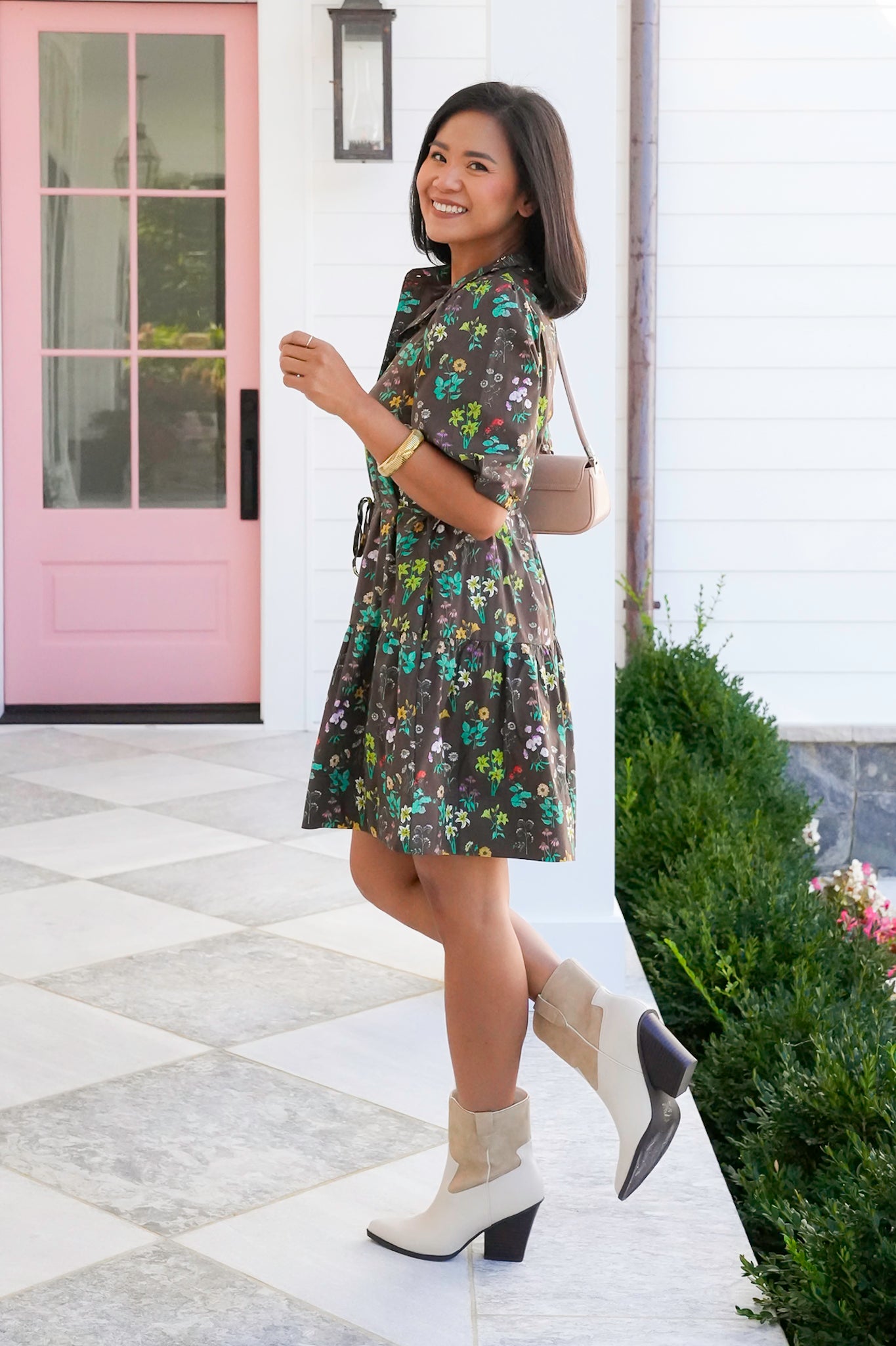 Floral Print Short Bubble Sleeve Mini Dress