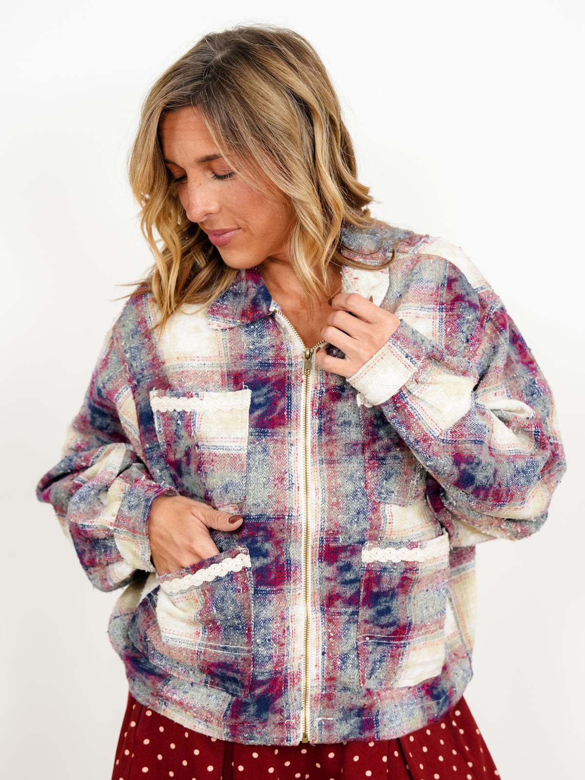 POL Plaid Long Sleeve Zip Up Jacket
