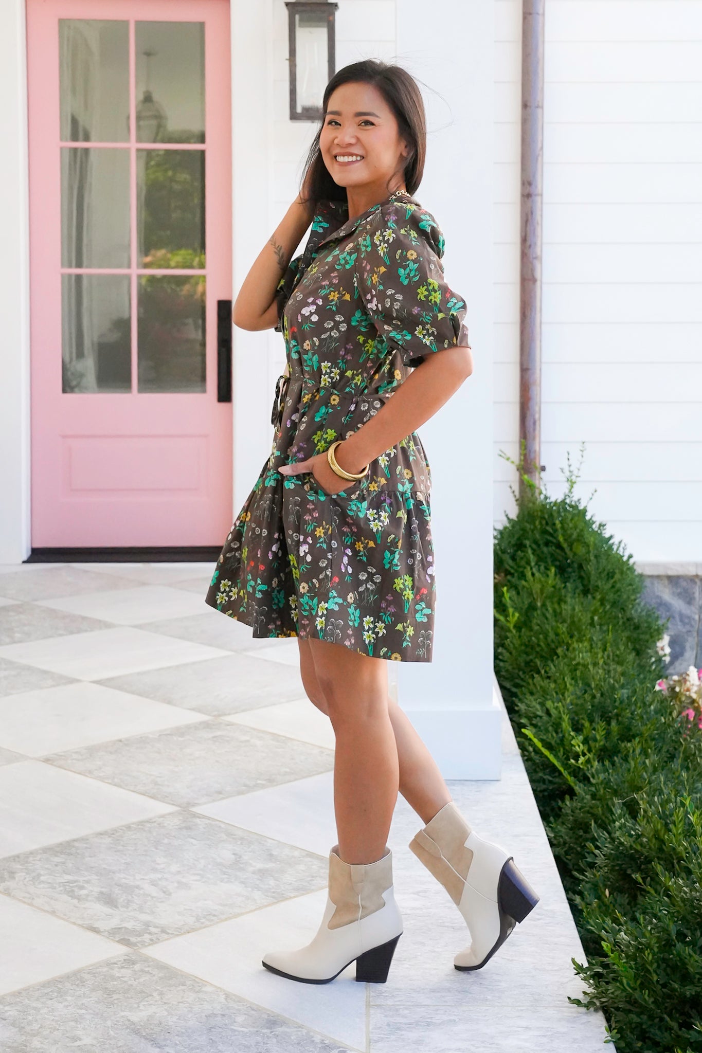Floral Print Short Bubble Sleeve Mini Dress