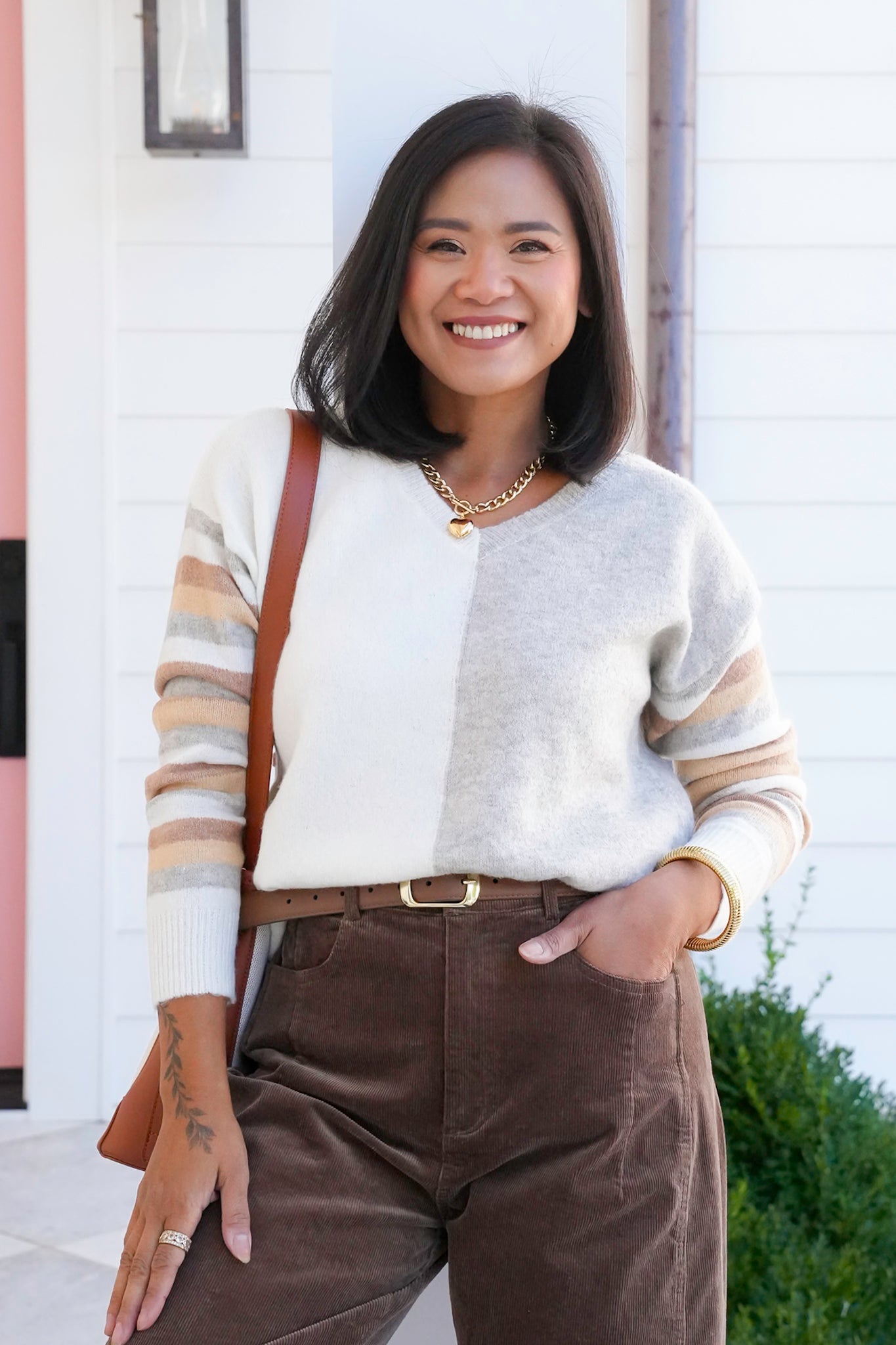 Color Block Stripe Long Sleeve V Neck Sweater