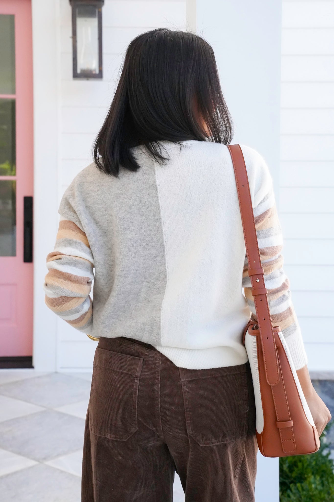 Color Block Stripe Long Sleeve V Neck Sweater