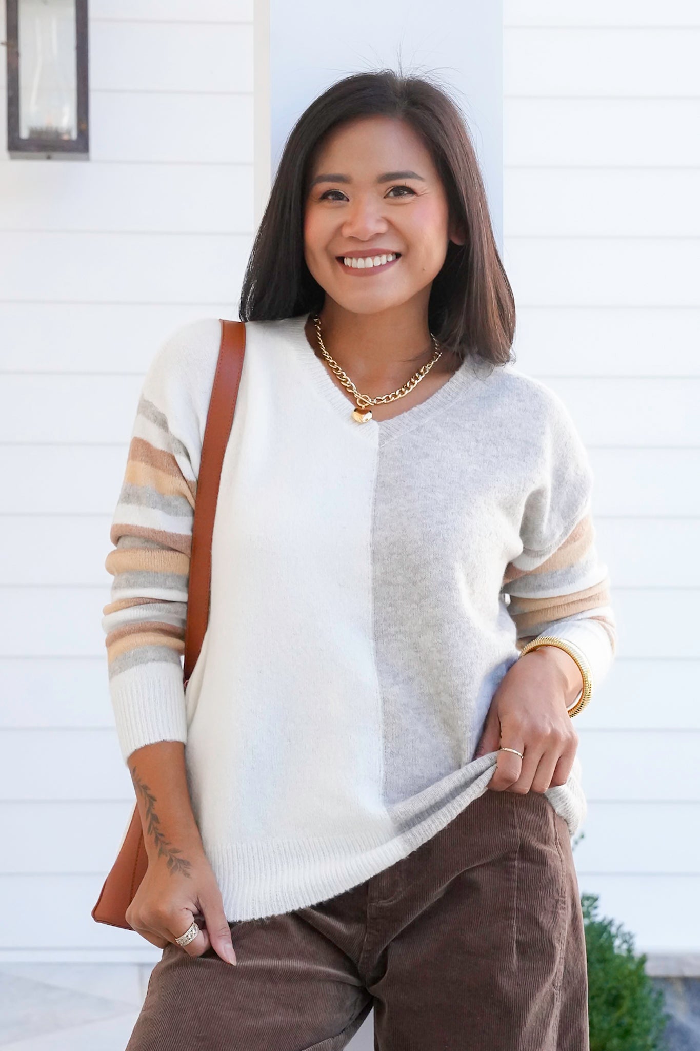 Color Block Stripe Long Sleeve V Neck Sweater