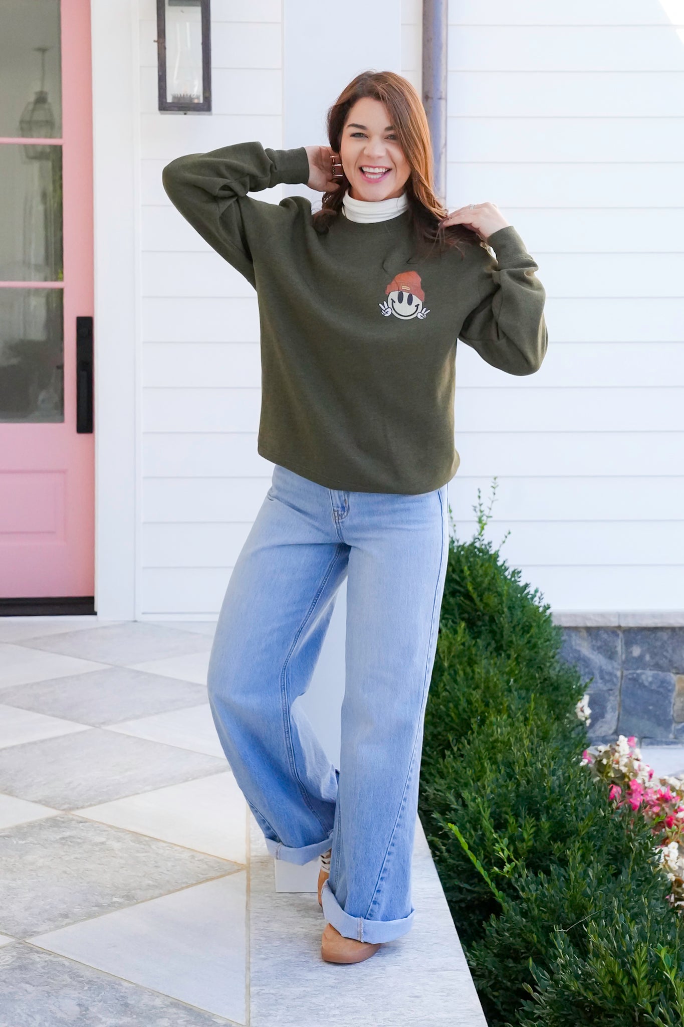 Plus/Reg Long Sleeve Smiley Face Emoji Graphic Sweatshirt